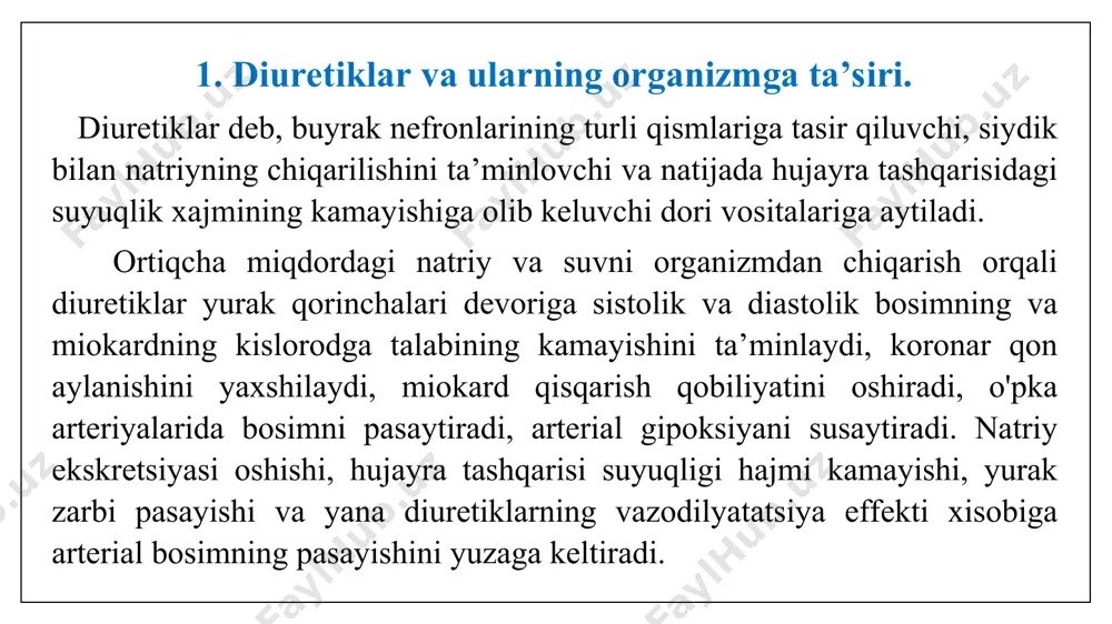 iz kaliyuretiklar ( diurez/kaliyurez= 1/0.25) -osmotik diuretiklar. b. kaliyni saqlovchi diuretiklar (spironolakton, triamteren, amilorid). kalsiy ekskretsiyasiga tasir qiluvchilar: a. ekskretsiyani susaytiruvchi va kalsemiyani oshiruvchilar: genle halqasi kortikal qismiga tasir qiluvchilar; b. ekskretsiyani oshiruvchilar va kalsemiyani susaytiruvchilar: qovuzloqli diuretiklar; siydik kislota darajasiga ta’sir qiluvchilar: a) qonda siydik kislota miqdorini oshiruvchilar: qovuzloqli, tiazidli, tiazidsimonlar. b) ta’sir qilmaydiganlar: boshqa diuretiklar. 5. kislota ishqor muvozanati (kim) ga ta’siri bo’yicha: a. tez va kuchli metabolik atsidoz chaqiruvchi: kag ingibitorlari (atsetazolamid); b. uzoq muddat qabul qilganda o’rtacha metabolik atsidoz chaqiruvchilar: kaliy saqlovchi diuretiklar (amilorid, spironolakton, triamteren); v. uzoq muddat qabul qilganda o’rtacha metabolik alkoloz chaqiruvchilar: qovuzloq ( furosemid, uregit, bumetanid), tiazidli va tiazidsimon diuretiklar (gidroxlortiazid, indapamid); g. kuchli metabolik alkoloz chaqiruvchi: simobli diuretiklar (hozirda ishlatilmaydi). 6. yuzaga keltiruvchi diuretik effektiga ko’ra: a. suvli diurez yuzaga keltiruvchilar: osmotik diuretiklar b. saluretiklar, yani natriy, kaliy, fosfor va boshqa ionlar chiqarilishini kuchaytiruvchilar: qovuzloqli, tiazidli va tiazidsimon diuretiklar v. kaliy …