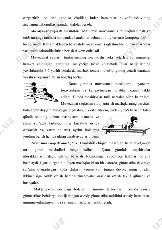 urib kelib uzunlikka sakrashni bilib olganlaridan keyin beriladi. harakat faoliyati sifatida harakatli o‘yin muayyan maxsus xususiyatlarga ega: u boladan signal va o‘yinda to‘satdan bo‘ladigan o‘zgarishlarga tezda javob berishni talab qiladi. o‘yinda yuz beradigan turli vaziyatlar, harakatlar muskul tarangligi darajasining o‘zgarishi zaruratini keltirib chiqaradi. masalan «tuzoq» o‘yinida har bir bola boshlovchi harakatini diqqat bilan kuzatib borishi lozim: boshlovchi unga yaqinlashganda qarama-qarshi tomonga shitob bilan qochib o‘tadi; o‘zini xavfsiz sezgach, sekin harakat qilib, to‘xtab turadi; boshlovchi yaqinlashganda yana harakatini tezlashtiradi. deyarli har bir harakatli o‘yinda harakatlar va bolalar harakatiga oid signallar mavjud. bunday aktiv harakat faoliyati bola qo‘zg‘olish va tormozlanish jarayonlarini takomillashtirgan va muvozanatlashtirgan holda nerv tizimni mashq qildiradi, shuningdek kuzatuvchanlik, topqirlik, o‘zgaruvchan atrof-muhitda mo‘ljal olish qobiliyati, yuz bergan mushkul holatdan qutilish yo‘lini topish, tezda qaror qabul qilish va uni amalga oshirish, botirlik, chaqqonlik tashabbus ko‘rsatish, maqsadga erishishning mustaqil usulini tanlashni tarbiyalaydi. harakatli o‘yinlarning kelib chiqishi qadim xalq pedagogikasiga borib taqaladi. ilk …