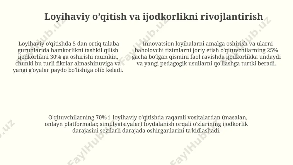 'qituvchi qayta tayyorlash kurslarini muvaffaqiyatli tamomlagandan so'ng, yangi texnologiyalarni qo'llash orqali o'quv jarayonini 20% ga yaxshilashga erishishi mumkin. o'qituvchilarni qayta tayyorlash dasturlari kamida 30 soatlik amaliy mashg'ulotlarni, jumladan, interaktiv o'quv resurslarini yaratish va qo'llash bo'yicha treninglarni o'z ichiga olishi kerak. raqamli vositalardan ijodkorlikni oshirishda foydalanish ochiq ta'lim resurslaridan (oer) foydalanish o'qituvchilarga o'z darslarini boyitish uchun 50 dan ortiq turli xil multimedia materiallarini taklif qilib, ijodiy imkoniyatlarini kengaytiradi. raqamli vositalar, masalan, onlayn o'quv platformalari va interaktiv dasturlar, talabalarning faol ishtirokini 30% ga oshirib, o'qituvchilarning ijodiy yondashuvlarini rag'batlantiradi. raqamli vositalar, masalan, onlayn o'quv platformalari va interaktiv dasturlar, talabalarning faol ishtirokini 30% ga oshirib, o'qituvchilarning ijodiy yondashuvlarini rag'batlantiradi. universitet o’qituvchilarining ijodkorlik potentsialini aniqlash universitet o’qituvchilarining ijodkorlik potentsialini aniqlashda kamida 3 ta turli psixometrik testlardan, shu jumladan, divergent fikrlash testlaridan foydalanish samarali natijalar beradi. o’qituvchilarning ijodkorlik darajasini baholashda 5 ballli shkala asosida tuzilgan kuzatish varaqalari va 10 tadan ortiq savoldan iborat so’rovnomalar qo’llanilishi mumkin. …