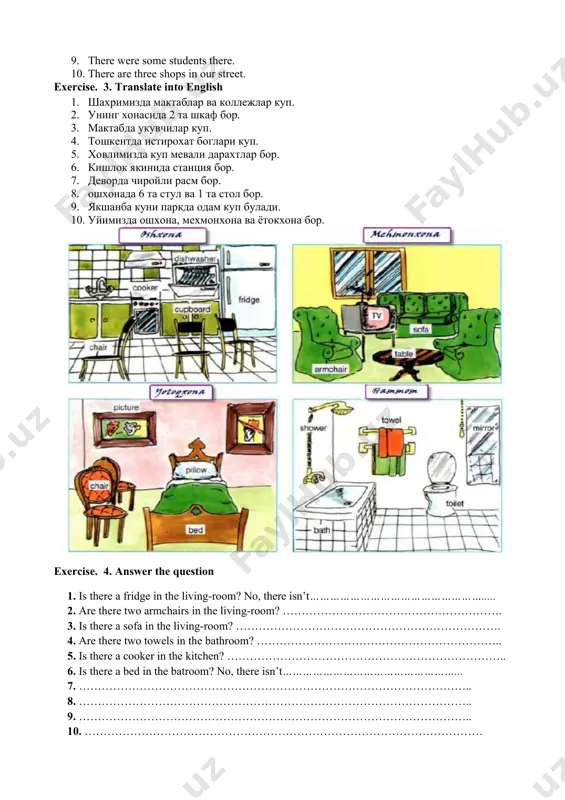 yesterday or last week using there is / there are constructions (present, past and future) and ask them to tell the class their own examples. then try to elicit their knowledge about the tense being used in the examples. establish that there is / there are constructions are used to identify places. write the structure and adverbs of time of there is / there on the board. exercise. 1. fill in the blanks 1. … a lot of wide rivers in europe. 2. … eleven new words in the text. 3. … five apples on our table. 4. … railway near our city. 5. … many new towns in central asia. 6. … a factory not far from my house. 7. … a window in the room. 8. … some mistakes in your work. 9. … many museums in teshkent. 10. … many people in the market. exercise. 2. translate …