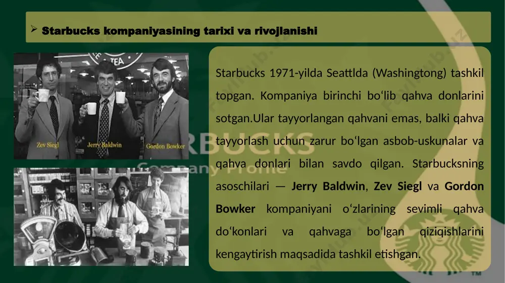 i taqdim etadi. apple pay va starbucks ilovalari orqali mijozlar tez va xavfsiz to‘lovlarni amalga oshirishi mumkin. bu hamkorlik starbucksning raqamli transformatsiyasini yanada rivojlantirishga xizmat qiladi spotify starbucks va spotify o‘rtasidagi hamkorlik 2015-yilda boshlangan. spotify starbucksga musiqa oqim xizmatini taqdim etadi, shu bilan birga starbucksning mijozlari uchun eksklyuziv musiqa tajribasini yaratadi. starbucks mijozlari spotify orqali musiqa tinglash imkoniyatiga ega bo‘lib, spotify orqali o‘z xohishlariga mos ravishda musiqa ro‘yxatlari yaratishlari mumkin. shuningdek, starbucksning xodimlari spotify premium obunasidan foydalanish imkoniyatiga ega. xitoyda ham muvaffaqiyatli o‘sish starbucks xitoyda juda muvaffaqiyatli o‘sdi va 2024-yilda xitoyda 6,000 dan ortiq do‘konga ega bo‘lishi kutilmoqda. starbucksning xitoy bozoridagi muvaffaqiyati kompaniyani global miqyosda o‘zgacha darajaga ko‘tarish imkoniyatini yaratdi. starbucksning xarid qilish ilovasi starbucksning mobil ilovasi dunyodagi eng muvaffaqiyatli to‘lov ilovalaridan biri bo‘lib, mijozlar buyurtmalarini oldindan berib, kafelarda navbatsiz xizmat olishlari mumkin. bu ilova foydalanuvchilarga sodiqlik dasturlari orqali bonuslar, chegirmalar va aktsiyalardan foydalanish imkonini beradi.q starbucks kompaniyasi haqida qiziqarli …