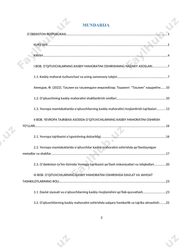 ni xalqaro tajriba bilan tanishtirish, zamonaviy pedagogik texnologiyalarni qo‘llash muhim vazifa bo‘lib qolmoqda. shuningdek, pedagoglar uchun zamonaviy ta’lim metodlari, raqamli texnologiyalar, va interfaol ta’lim usullarini qo‘llash nafaqat o‘qituvchilarning kasbiy mahoratini oshirish, balki ta’limning samaradorligini ham yaxshilaydi. kurs ishi "yevropa olimlari o'qituvchilarning kasbiy mahoratini takomillashtirish to'g'risida" mavzusiga bag‘ishlangan. mazkur ishda o‘qituvchilarning kasbiy mahoratini oshirishning nazariy asoslari, xalqaro hamkorlik va tajriba almashish, zamonaviy pedagogik texnologiyalarni qo‘llash kabi muhim jihatlar o‘rganiladi. bu mavzu ayniqsa o‘zbekistonning ta’lim tizimi uchun juda dolzarb, chunki mamlakatda ta’limni yaxshilash va o‘qituvchilarni malaka oshirish ishlari davom etmoqda. kurs ishining maqsadi kurs ishining asosiy maqsadi o‘qituvchilarning kasbiy mahoratini oshirishda qo‘llaniladigan zamonaviy pedagogik texnologiyalarni o‘rganish, xalqaro tajribani tahlil qilish va o‘zbekiston ta’lim tizimi uchun eng samarali yondashuvlarni taklif etishdan iborat. kurs ishining obyekti kurs ishining obyekti – o‘qituvchilarning kasbiy mahoratini oshirish jarayoni va u bilan bog‘liq pedagogik metodlar va texnologiyalar. kurs ishining vazifalari 1. o‘qituvchilarning kasbiy mahoratini oshirishning nazariy asoslarini tahlil …