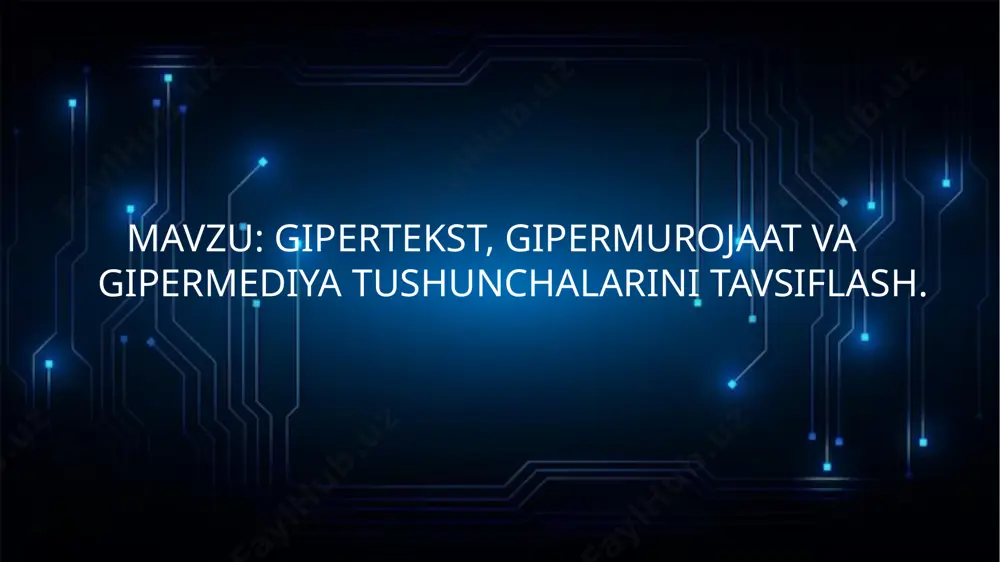 ipermurojaatlar kiradi. ular matnda ajratilgan so`z, tugmacha yoki rasm ko`rinishida bo`ladilar. 1. gipermurojaatlardan foydalanish olisdagi veb serverdan birinchi veb sahifani chaqirishdan boshlanadi. sahifaning bir joyidan ikkinchisiga o`tish uchun ham gipermurojaatlardan foydalaniladi. nisbiy gipermurojaatlar bita serverda joylashgan sahifalarni chaqirish uchun ishlatiladi. nisbiy gipermurojaatlarda sahifalarning bir-birlariga nisbatan joylashuvidan foydalaniladi. gipermurojaatlar ikki xil bo`ladi: nisbiy va mutloq. mutloq gipermurojaatlarda “o`lik” bog`lanishlar, yani ishlamaydigan bog`lanishlar paydo bo`lishi mumkin. masalan, sizning saytingizdan murojaat qiladigan boshqa sayt sizga ma'lum qilinmasdan boshqa joyga ko`chirilishi mumkin va bu “o`lik” bog`lanish paydo bo`lishiga olib keladi gipermedia atamasi ted nelson tomonidan 1965 yilda oʻzining “kompleks axborotni qayta ishlash: kompleks uchun fayl tuzilishi, oʻzgaruvchan va noaniq” asarida kiritilgan . matndan tashkari boshka shakldagi ma’lumotlar ni xam beruvchi xujjatlar gipermedia xujjatlari deyiladi. image2.png image3.png image4.png image5.png image6.png image7.png image8.png image9.png image10.png image11.png image12.png image13.png image14.png image15.png image16.png image17.png image18.png image19.png image20.png /docprops/thumbnail.jpeg