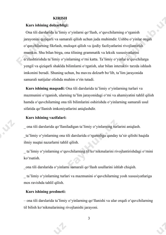 ular darsning monotonligini buzadi va o‘quvchilarni yangi bilimlarni o‘rganishga undaydi. motivatsiya o‘quvchilarning o‘rganishdagi faolligini oshiradi va ular o‘z bilimlarini amalda qo‘llashga qiziqish bildiradilar. o‘yinlar o‘quvchilarga xatolardan qo‘rqmasdan eksperiment qilish imkoniyatini beradi, bu esa ularni yanada mustahkam bilimlarga ega qilishga yordam beradi. masalan, ona tili darslarida o‘yinlar orqali o‘quvchilar grammatika qoidalarini o‘rganishdan ko‘ra ko‘proq zavqlanadilar, chunki o‘yinlarning qiziqarli va interaktiv xususiyatlari ular uchun eng yaxshi motivatsiya bo‘ladi. 2. emotsional va psixologik ta’sir o‘yinlar o‘quvchilarda ijobiy emotsiyalarni uyg‘otadi. o‘yin o‘quvchilarga quvnoq va ishonchli muhitda bilim olish imkoniyatini beradi, bu esa o‘quvchilarning darsga bo‘lgan qiziqishini oshiradi. o‘yinlar, shuningdek, o‘quvchilarda stressni kamaytirishga yordam beradi. ba’zan darslar juda jiddiy bo‘lishi mumkin, bu esa o‘quvchilarda bezovtalikni keltirib chiqaradi. o‘yinlar esa bu holatni yengillashtiradi va dars jarayonini quvnoqroq va ochiqroq qiladi. bundan tashqari, o‘yinlar o‘quvchilarning xotirasini yaxshilashga ham yordam beradi. ular o‘yin orqali turli xil vazifalarni bajarayotib, xotiralarini mustahkamlashadi va eslab qolish qobiliyatlarini rivojlantiradilar. 3. kognitiv rivojlanish …