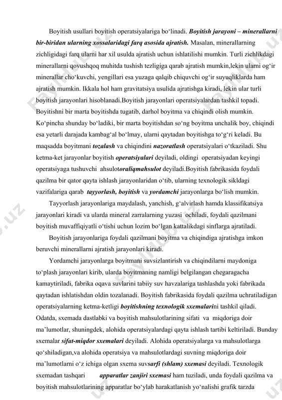 bunker; 3 –plastinkasimon ta’minlagich; 4 – panjarali g‘alvir; 5 – yirik maydalash uchun konusli maydalagich; 6 va 9 – vibratsion g‘alvirlar;7 – o‘rta maydalash uchun konusli maydalagich; 8 va 11 – tasmali konveyer; 10 – mayda maydalash uchun konusli maydalagich;12 – bo‘shatuvchi aravachali tasmali konveyer; 13 – maydalangan ruda bunkeri; 14 – maydalangan ruda ta’minlagichlari; 15 va 16 –yig‘ma tasmali konveyerlar; 17 – qiya lentali konveyer; 18 – konveyer tarozlari; 19 – sharli tegirmon; 20 – spiralli klassifiqator; 21, 25, 34,35 – qum nasoslari; 22 va 26 – bo‘tana bo‘luvchilar; 23 va 24 –flotatsiya mashinalari; 27 – barabanli vakuum-filtr; 28 – barabanli quritgich; 29 – batareyali siklonlar; 30 – elektr filtr; 31 – ko‘pikli chang ushlagich; 32 – tutun so‘ruvchi; 33 – quyultirgich. gravitatsiya usulida boyitish gravitatsiya usulida boyitish foydali qazilmalarni boyitishning eng ko‘p tarqalgan usullaridan biri. bu usul o‘zining soddaligi, yuqori samaradorligi, arzonligi tufayli boshqa usullarga nisbatan ko‘proq ishlatiladi. …