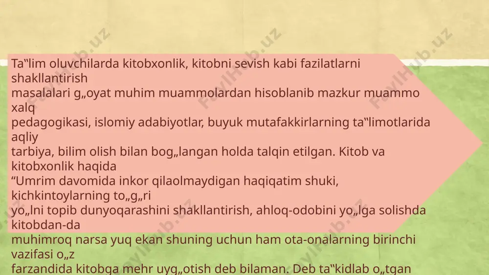 m jonlanish jarayoniga kirdi. bugungi kunda o’zbek fantastikasining «rene jumbog’i», «ajdodlar xotirasi», «/aroyib ko’lanka», « jodugarning eli», «telba dunyo», «ikki jahon ovorasi», «tutash olamlar», (h.shayxov), «hikmat afandining o’limi», «somon yo’li elchilari», «falak», «chorrahada qolgan odamlar» (t.malik), «men- men emas», «mangu kuy izlab», «teskari ko’zlilar sayyorasi», «rayhondagi zarpechak», (m.mahmudov), «ming bir qiyofa», «ko’zgu oldidagi odam» (o.muxtor) singari e’tirofga sazovor qissa va romanlardan iborat namunalari paydo bo’ldi. bu asarlar o’smirlar tafakkurini teranlashtiradi, dunyoqarashlarining shakllanishiga, xayol qila bilish salohiyatlarining takomillashuviga, taxayyullotlarining uchqurlashuviga kuchli ta’sir ko’rsatadi. 8 9 o’smirlar tabiatiga xos ilmiy-badiiy fantastikaga o’chlik, o’z navbatida, ma’rifiy-badiiy (poznavatelnoy) asarlarga qiziqishlarini inkor etmaydi, balki bu jarayon bir-biriga omuxta holda kechgandagina katta natijalar beradi. taassufki, o’zbek bolalar yozuvchilari mahrifiy-badiiy asarlar yaratishda qarzdor bo’lib qolmoqdalar. fan va badiiyat sintezidan iborat holda asarlar ijod etishda rus o’smirlar adabiyoti katta tajriba to’plagan, ularda ma’rifiy-badiiy asarlar alohida yo’nalishni tashkil etadi va turli-tuman mavzulardagi ko’rinishlarga ega adabiyot sifatida shakllangan. kishilik bilimlarining …