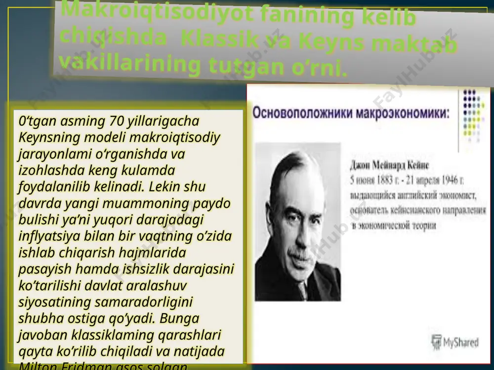 darajada monetar siyosatga; neoklassiklar, davlat aralushuvi siyosatining doimiy opponentlari; monetaristlar, ko’p masalada neoklassiklar bilan fikrlari bir, lekin pul instrumentlar orqali davlat iqtisodiyotni tartibga solish zarurligini e’tirof etishadi; yangi makroiqtisodiyot maktabi, xozirgi vaqtda davlat aralashuv siyosatining eng katta raqiblaridan biri. bu to‘rtda maktablar o‘rtasida davom etayotgan baxslar asosan bozor mexanizmlarini faoliyatiga bog‘liq bo‘lib, aniqrogi, makroiqti­sodiy maqsadlarga erishishda bozor mexanizmlarining samaralidorlik masalasi ko‘ndalang turadi. asosiy kelishmovchiliklar uchta savolga taqaladi: 1) narxlar va ish xaqi stavkalari egiluvchalinligi; 2) umumiy taklifning egiluvchanligi; 3) «kutishlarning» iqtisodiyotdagi o‘rni. ishsizlik bo‘yicha davlat siyosati: klassik va keynscha yondashuvlar davlatning ishsizlikka nisbatan olib boradigan siyosatiga kelsa, bu yerda bir xil nuqtai nazar yo‘qligini aytib o‘tish joizdir. ishsizlikka va uni tartibga solish masalalariga klassik va keynscha yondashuvlar mavjuddir. bu qarashlar mehnat bozori faliyatini klassiklar va keynschilar tomonidan turlicha tushunishga asoslangan. klassik maktabda mehnat bozoridagi muvozanat g‘oyasi hukmronlik qiladi. har qanday bozordagi kabi, mehnat bozorida ham, agar u o‘z holiga tashlab …