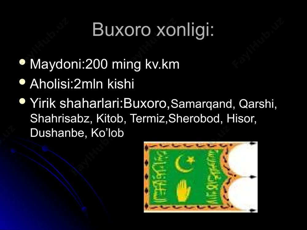 ardi. mamuriy boshqaruv:buxoro amirligi monarxiya tipidagi davlat bo’lib, amir cheklanmagan hokimiyatga ega edi. amir o’z fuqarolarini o’ldirishi yoki hayot qoldirishi, butun aholi mulkiga ega bo’lishga ham haqli edi, ko’ngli tusaganini qilardi. buxoroning tarixiy obidalari minorai kalon buxoro arki qo’qon xonligi maydoni: aholisi:3 mln kishi yirik shaharlari:qo’qon,marg’ilon, o’zgan, andijon, namangan,toshkent, chimkent, turkiston, avliyoota, pishpak, so’zak, oq-machit qo’qonda minglar sulolasi(1710-1875) 􀂾 shohruxbiy - 1710-1721 􀂾 abdurahimbiy - 1721-1733 􀂾 abdulkarimbiy - 1733-1750 􀂾 abdurahmon - 1750 (9 oy) 􀂾 erdona - 1751-1752 􀂾 bobobek - 1752-1753 􀂾 erdona (ikkinchi marta) - 1753-1762 􀂾 sulaymon - 1762-1763 􀂾 norbutabiy - 1763-1798 􀂾 olimxon - 1798-1810 􀂾 umarxon - 1810-1822 􀂾 muhammad alixon - 1822-1841 􀂾 sheralixon - 1842-1844 􀂾 murodxon - 1844 􀂾 xudoyorxon - 1845-1858 􀂾 mallaxon - 1858-1862 􀂾 xudoyorxon (ikkinchi marta) - 1862-1863 􀂾 sulton sayyidxon - 1863-1865 􀂾 xudoyorxon (uchinchi marta) - 1865-1875 qo’qon xonligi xaritasi qo’qon xonligi: qo’qon …