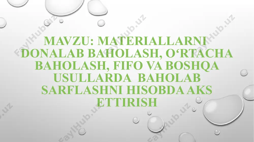 : 1 materiallar harakati bilan bog‘liq muomalalarni o ‘z vaqtida tegishli hujjat va registrlarda rasmiylashtirish. 2 materiallarning to‘g‘ri saqlanishi ustidan nazorat. 3 materiallarning ishlab chiqarishga to’g‘ri sarflanishi hamda ularning tegishli me’yorlarga rioya qilinishi ustidan nazorat materiallarning xo‘jaliklar faoliyatidagi oʻrnidan kelib chiqib ular hisobi oldiga quyidagi vazifalar qo‘yilgan: 4 materiallar sarfini tegishli hisob va kalkulyatsiya obyektlarida toʻgʻri taqsimlanishini ta’minlash 5 materiallar inventarizatsiyasini oʻz vaqtida oʻtkazish va uning natijalarini hisob varaqlarda aks ettirish 6 rahbariyatni materaillarning mavjudligi va harakati to‘g‘risidagi ma’lumotlar bilan ta’minlash materiallarni baholash usullari materiallarni baholash usullari — ishlab chiqarishga yoziladigan ishlab chiqarish zaxiralarining haqiqiy tannarxini aniqlash ularni baholashning quyidagi usullarini qo’llash bilan amalga oshiriladi materiallarni baholash usullari 1 o’rtacha tannarx bo’yicha 2 o’rtacha chamalangan baholar bo’yicha, birinchi tushum — birinchi xarajat, fifo; 3 o’rtacha chamalangan baholar bo’yicha, oxirgi tushum — oxirgi xarajat, lifo materiallarni baholashning birinchi usulida, hisobot oyi davomida sarflangan materiallar ishlab chiqarish xarajatlari schyotlariga odatdagidek, joriy baho …