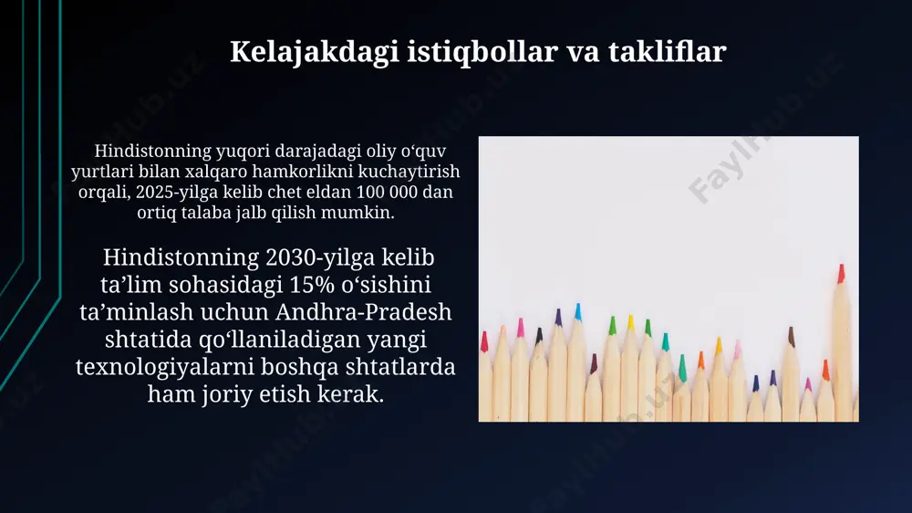 larida, masalan, uttar-pradeshda maktabga bormaydigan bolalar soni 15 milliondan oshadi, bu esa ijtimoiy-iqtisodiy tengsizlikni ko'rsatadi. kastalar tizimi ta'limda tengsizlikka olib keladi; yuqori kastalar vakillari 70% dan ortiq oliy ta'lim muassasalarida o'qish imkoniyatiga ega bo'lib, past kastalardagi bolalar esa kam imkoniyatlarga ega. hindiston ta'lim tizimining umumiy ko'rinishi hindistonning milliy ta'lim siyosati (nep) 2020 ta'lim tizimida katta islohotlarni o'z ichiga oladi, jumladan, ko'p sohalarni o'z ichiga olgan o'quv dasturlarini joriy etish va kattalar savodxonligini oshirishga qaratilgan dasturlarni kengaytirishni nazarda tutadi. hindistonning ta'lim tizimi 10+2+3 modeliga asoslangan bo'lib, 10 yillik majburiy boshlang'ich va o'rta ta'lim, 2 yillik oliy o'rta ta'lim va 3 yillik bakalavr ta'limini o'z ichiga oladi, mamlakat bo'ylab turli xil ta'lim muassasalarini o'z ichiga oladi. texnologiyalardan foydalanish 2022-yilgi ma'lumotlarga ko'ra, hindistonning 70% maktablari internetga ulangan bo'lib, bu raqam hindistonning gujarat shtatida 90% ga yetgan. bengaluru shahrida joylashgan texnologiya kompaniyalari hindistonning ta'lim tizimiga 500 million dollarlik investitsiyalarni yo'naltirib, sun'iy intellekt va mashina …