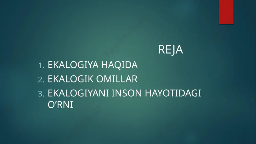 ajmui. ekologik omillar 2 katta guruh — abiotik va biotik omillarga boʻlinadi. ekologiyada „cheklovchi omillar“ tushunchasi ham mavjud, ular tarkibiga organizmlar mavjudligi va rivojlanishini cheklovchi har qanday omilni kiritish mumkin. tirik organizmlarga taʼsir etuvchi muhitning har qanday boʻlaklari ekologik omillar deyiladi. muhit — quruqlik, suv, havo va yer osti qismlaridan iborat. tashqi muhit tushunchasidan tashqari yashash sharoitlari degan tushuncha ham mavjud boʻlib, bu tushunchaga organizmning yashashi uchun zarur boʻlgan elementlar yoki omillardan yorugʻlik, issiqlik, suv, oziqlanish va shu kabilar kiradi. 1933-yilda d.n.kashkarov muhit omillarini 3 guruh (iqlim, edafik va biotik)ga boʻladi. keyinchalik 1950-yilda alyoxin ekologik omillarni iqlim, edafik, orografik, biotik, antropogen va tarixiy guruhlarga ajratib oʻrganishni taklif qiladi. ekologik omillar 3 ta asosiy guruhga boʻlinadi: 1. abiotik omillar — anorganik tabiat sharoitining yoki oʻlik tabiatning yigʻindisi. bularga harorat, yorugʻlik, namlik, suv, tuproq, relyef kiradi. 2. biotik omillar: bunga tirik tabiat elementlari (tirik organizmlarning bir-biriga va yashash muhitiga taʼsiri) kiradi. biotik …