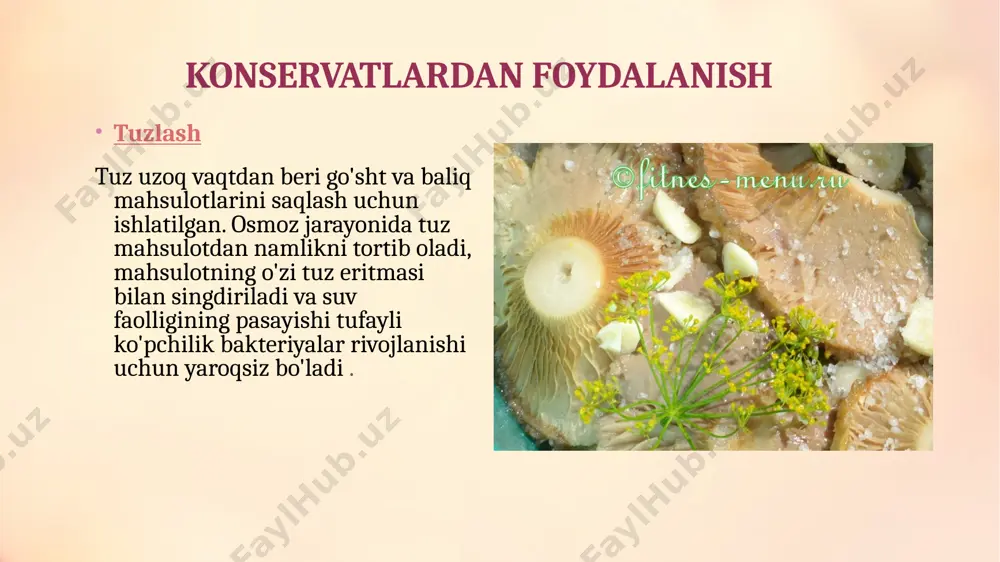 a konsera qoyish bosqichlari mexanik taytalash qadaklashni tayyorlash issiqlik davolash qadoqlash quvvatlash sterilizasyon va pasterlash sovutma saqlashga tayyor mahsulotlar mexanik tayyorlassh tartiblash yuving tarozi olish tozalash va tezlash blanshirlash - xom ashyoni qisqa muddatli qayta ishlash qaynoq suv yoki bug ' konteynerlarni tayyorlash. to'ldirishdan oldin shisha idishlar 20-25 daqiqa davomida sterilizatsiya qilinadi. qopqoqlar 10-15 daqiqa davomida sterilizatsiya qilinadi. shakar bilan konserve kompot - bu butun yoki kesilgan mevalardan olingan mahsulot, shakar siropiga botiriladi va yuqori darajada pasterizatsiya qilinadi harorat. jam - to'liq yoki kesilgan mevalardan olingan mahsulot; shakar siropida qaynatiladi yoki shakar qo'shiladi. mumkin ko'p qaynatish. ba'zi turdagi rezavorlar oldindan zımparalanadi shakar va 8-10 soat davomida inkubatsiya qilinadi. jam - siropda qaynatilgan rezavorlar bo'lgan jelega o'xshash massa, mevalar yoki ularning bo'laklari. murabbodan farqli o'laroq, murabbo ichidagi sirop ajratilmaydi. mevalardan, mevalari esa yumshoq. confiture - bir xil murabbo - jele, unda bir tekis mevalar yoki ularning bo'laklari taqsimlanadi. murabbodan qalinroq. e’tiboringiz …