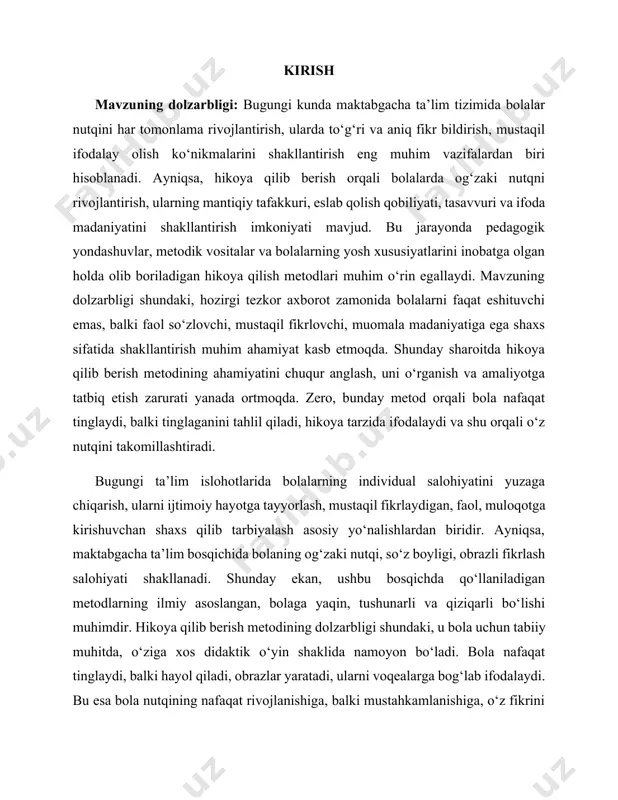 aydigan, faol, muloqotga kirishuvchan shaxs qilib tarbiyalash asosiy yo‘nalishlardan biridir. ayniqsa, maktabgacha ta’lim bosqichida bolaning og‘zaki nutqi, so‘z boyligi, obrazli fikrlash salohiyati shakllanadi. shunday ekan, ushbu bosqichda qo‘llaniladigan metodlarning ilmiy asoslangan, bolaga yaqin, tushunarli va qiziqarli bo‘lishi muhimdir. hikoya qilib berish metodining dolzarbligi shundaki, u bola uchun tabiiy muhitda, o‘ziga xos didaktik o‘yin shaklida namoyon bo‘ladi. bola nafaqat tinglaydi, balki hayol qiladi, obrazlar yaratadi, ularni voqealarga bog‘lab ifodalaydi. bu esa bola nutqining nafaqat rivojlanishiga, balki mustahkamlanishiga, o‘z fikrini erkin ayta olishga o‘rgatadi. bugungi tezkor axborot oqimi va texnologiyalar ta’sirida bolalarda diqqat, eslab qolish, mantiqiy izchillikda fikr yuritish kabi jarayonlar susaymoqda. shu bois o‘zbek pedagogikasi tarixida sinovdan o‘tgan, ammo yangicha yondashuv bilan boyitilgan hikoya qilish metodining ahamiyati yana-da oshmoqda. bu metod orqali bola o‘z tilini chuqurroq o‘rganadi, milliy qadriyatlar bilan tanishadi, estetik dunyoqarashi shakllanadi. demak, hikoya qilib berish metodini o‘rganish, uni turlarga ajratib, psixolingvistik va pedagogik asosda tahlil qilish nafaqat ilmiy-amaliy …
