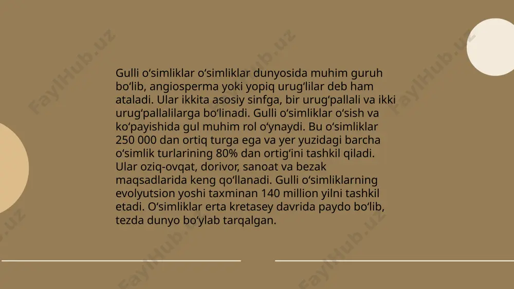 im resurs hisoblanadi. ... t.me/slaydai_bot gulli oʻsimliklar va iqlim o'zgarishi oʻrtasidagi bogʻliqlikni tushunish muhim. iqlim o'zgarishi harorat, yog'ingarchilik va boshqa ekologik sharoitlarni o'zgartirib, oʻsimliklarning fenologiyasiga ta'sir qiladi. haroratning ko'tarilishi o'simliklarning gul ochish vaqtini oʻrtacha 5-15 kun ilgariroqqa suradi. yog'ingarchilikning oʻzgarishi ba'zi mintaqalarda 20-30% ga kamayishi mumkin, bu esa o'simliklar uchun suv yetishmovchiligini keltirib chiqaradi. iqlim o'zgarishi natijasida ba'zi gulli oʻsimlik turlari yo‘qolish xavfi ostida. o'zgarayotgan iqlim sharoitlariga moslasha olmaydigan oʻsimliklar koʻpayishi kutilmoqda. bu holat biologik xilma-xillikka salbiy ta’sir ko'rsatishi mumkin. ... t.me/slaydai_bot 13. gulli oʻsimliklarning qishloq xo'jaligida qo'llanilishi gulli oʻsimliklar qishloq xo‘jaligida keng qo‘llaniladi. ular asosan oziq-ovqat, yem-xashak va sanoat xomashyosini yetishtirish uchun yetishtiriladi. bu o'simliklar orasida bug‘doy, makkajo‘xori, guruch va jo‘xori kabi asosiy ekinlar mavjud. jo‘xori va bug‘doy global oziq-ovqat ishlab chiqarishning qariyb 50% ini tashkil qiladi. bundan tashqari, gulli oʻsimliklar asalarichilikda asal olishda ham muhim rol oʻynaydi. so‘nggi yillarda organik dehqonchilikda gulli oʻsimliklardan foydalanish ko‘paymoqda, ular tuproq unumdorligini …