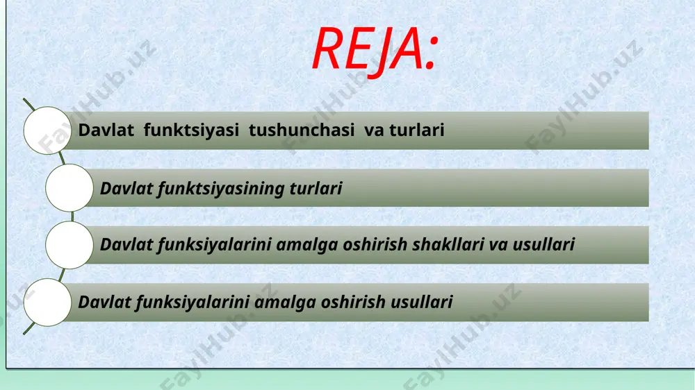 iy sohalarda turli islohotlar o’tkazib bozor iqtisodi asoslarini yaratishdir. tashqi vazifasi esa jahondagi barcha davlatlar bilan aloqa qilib, davlatni tashqi sohasiadgi vazifalarini amalga oshirishdir. davlat funktsiyasi uning ichki sohadagi iqtisodiy, ijtimoiy, madaniy, ma'rifiy, siyosiy va tashqi vazifalaridan kelib chiqadi. 6 davlat funktsiyasining turlari davlat funktsiyasi ichki va tashqi turlarga bo’linadi. ichki funktsiya qancha kuchli bo’lsa, tashqi funktsiya shunchalik kuchli bo’ladi. davlatning ichki funktsiyasi uning oldida turgan muhim iqtisodiy, ijtimoiy, madaniy va siyosiy vazifalarni amalga oshiradi. iqtisodiy sohada tashabbuskorlik va ishbilarmonlik asosida iqtisodni mustahkamlab bosqichma-bosqich bozor siyosatiga o’tishda barcha mulk shakllarini huquqiy tengligini ta’minlash va qo’riqlash. iqtisodni markazlashtirmaslik, korxona va tashkilotlarning mustaqilligini kengaytirish. fuqarolarning mehnat qilish, dam olish, ishsizlarga ta’minot berish, ish haqi, pensiyalar va nafaqalarning kafolatlangan eng kam miqdorini joriy qilish. tabiiy boyliklardan keng foydalanish va atrof muhitni muhofaza qilish kiradi. 7 ijtimoiy va ma’naviy sohada amalga oshiriladigan vazifalar-bu barcha insonparvarlik g’oyalariga amal qilishlik. xalqning ma’naviy va axloqiy pokligini qayta …