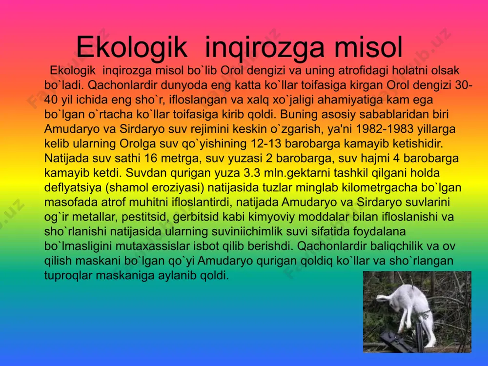 uzib qasddan zarar yetkazgan bo`lsa yoki alkogolli ichimlik, giyovandlik yoki toksik modda ta'siridan mastlik holatida zarar yetkazganda, hamda qonunlarda, shuningdek hukumatning qarorlarida nazarda tutilgan hollarda, yetkazilgan zarar uchun xodim to`liq moddiy javobgarlikka tortiladi (mehnat kodeksining 202-moddasi). shaxslar. ekologik huquqbuzarliklar uchun quyidagi ma'muriy jazo choralari qo`llaniladi: jarima. uni qo`llashning asosiy tamoyillari o`zbekiston respublikasining ma'muriy javobgarlik to`g`risidagi kodeksning 25-moddasida belgilangan. jarimani qo`llash oqibatida ma'muriy huquqbuzarlik sodir etishda aybdor shaxsdan davlat hisobiga pul undiriladi. ekologik huquqbuzarliklar uchun belgilangan jarimaning miqdori o`zbekiston respublikasining ma'muriy javobgarlik to`g`risidagi kodeksning 60, 65-96, 125, 139, 162, 174, 198, 212, 214-moddalarida belgilangan; ma'muriy huquqbuzarlik sodir etish quroli hisoblangan yoki bevosita shunday narsa bo`lgan ashyoni musodara qilish jazosi tuman (shaxar) sudining ma'muriiy ishlar bo`yicha sudyasi tomonidan qo`llaniladi (o`zbekiston respublikasining ma'muriy javobgarlik to`g`risidagi kodeksning 27-moddasi). o`zbekiston respublikasining ma'muriy javobgarlik to`g`risidagi kodeksning 82-moddasida alohida muhofaza etiladigan tabiiy hududlar holatini buzganlik uchun javobgarlik belgilangan. ekologik standartlarni yoki ekologik sertifikatlashtirish qoidalarini buzganlik uchun o`zbekiston …