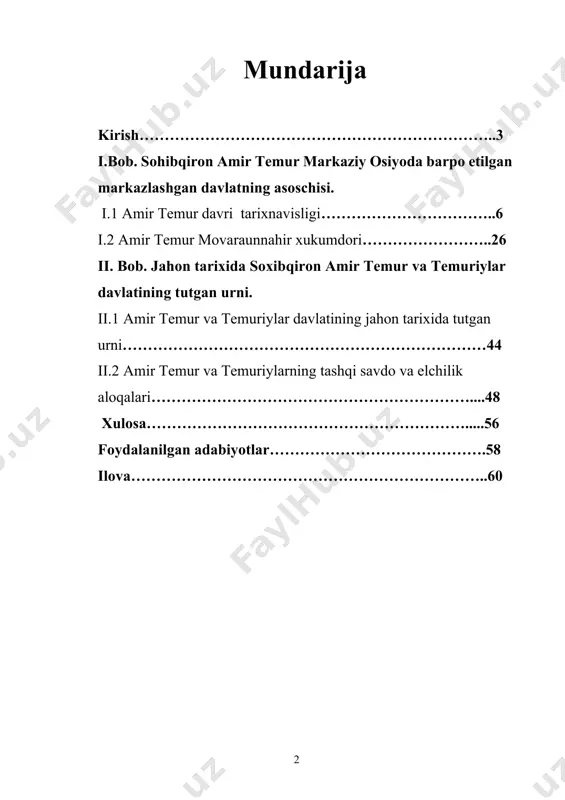 va temuriylar mamlakat mustaqilligi, el-yurt osoyishtaligi, uni obod etishda bunyodkorlik ishlariga katta axamiyat berdilar. amir temur zabt etgan mamlakatlarida xam bunyodkorlik ishlarini amalga oshirgan, davlatlar o‘rtasida savdo va madaniy aloqalar olib borgan shu boisdan xam amir temur va temuriylar davridagi tarixini xar tomonlama xolisona o‘rganish dolzarb mavzu xisoblanadi. [1: karimov i.a yuksak ma’naviyat yengilmas kuch. t. ma’naviyat. 2008. b-97] mavzuning o’rganilganlik darajasi: mustaqillik shamoli esishi tufayli amir temur to‘g‘risida noma’lum bo‘lib kelayotgan va sir saqlab kelingan tarixiy-ilmiy va badiiy asarlar, monografiyalar, risolalar endilikda nashr qilina boshladi. amir temurga bag‘ishlab yozilgan asarlarni, maqolalarni bir xil tarzda qabul qila olmaymiz. chunki, turli davr va sharoitlarda yozilgan asarlar mualliflarning dunyoqarashlariga, bilim saviyalariga ko‘ra bir-biridan keskin farq qiladi. amir temur haqida yozilgan asarlarni bir necha guruhga bo‘lib o‘rganish zarur. birinchi guruhda: amir temur davrida yashagan muarrixlarning asarlari − sharofuddin ali yazdiy, nizomiddin shomiy, g‘iyosiddin ali, hofizu abro‘, xondamir, mirxond[footnoteref:2] va boshqalarning asarlari. [2: sharofuddin …