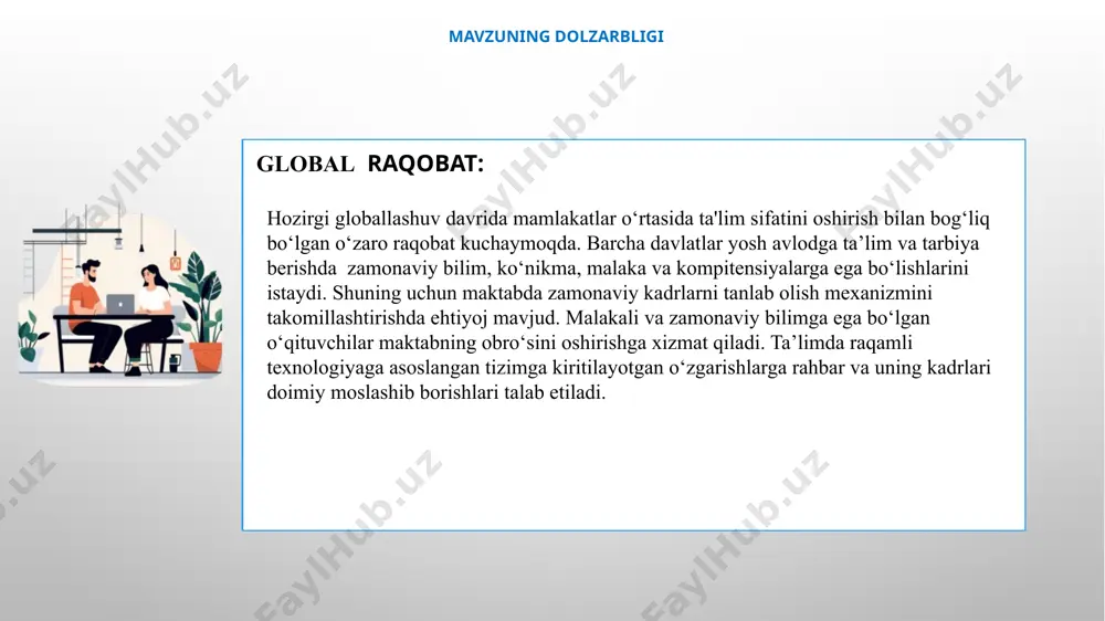 2-2023/b-sonli buyrug‘i mavzuga oid adabiyotlar tahlili mahalliy adabiyotlar a.e.kenjaboyev, b.x.karimova pedagogik menejment asoslari o‘quv qo‘llanma termiz – 2023-yil o.hasanov, “liderlar kitobi” toshkent, “muharrir” nashriyoti 2023 y 1 hozirgi zamon o‘qituvchisining asosiy vazifalaridan biri – kasbiy kompetentligi va intellektual salohiyatining yuqoriligi, sadoqatliligi, g‘oyaviy e’tiqodligi va o‘z kasbini sevishidir. bu fazilatlar pedagoglarni boshqa kasb egalaridan ajratib turadi. yaxshi rahbar ,birinchi navbatda jamoani yagona maqsad sari birlashtira oladigan odam.ikkinchi o‘rinda, xodimlarni eshita oladigan shaxs, uchinchi navbatda, uzoqni ko’ra olishi ham muhim.. xorijiy adabiyotlar “demokratiya va ta‘lim” (democracy and education) jon dyui (john dewey) “ demokratiya va ta‘lim ” (democracy and education) uning asarlari ta‘lim, falsafa va demokratiya masalalariga bag‘ishlangan bo‘lib, ularning ko‘pchiligida rahbarlik va demokratik boshqaruvga oid fikrlarni topish mumkin. dyui rahbarlikni oddiy buyruq berishdan ko‘ra, jamoaviy rivojlanishga va hamkorlikka asoslangan deb hisoblagan. mavzuni o‘rganishdan maqsad maktabda salohiyatli kadrlarni tanlab olish mexanizmini yo‘lga qo‘yishdan maqsad shuki, ta’lim sifatini oshirish, bu bilan innovatsion fikrlovchi …
