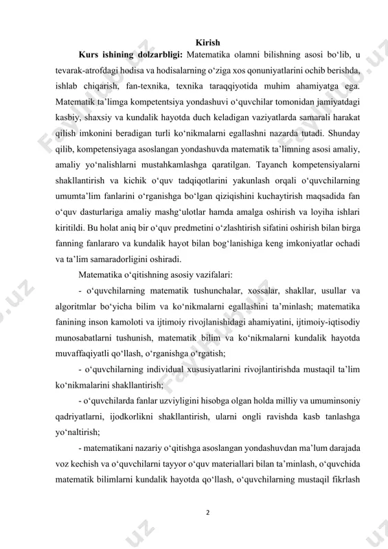radi. matematika o‘qitishning asosiy vazifalari: - o‘quvchilarning matematik tushunchalar, xossalar, shakllar, usullar va algoritmlar bo‘yicha bilim va ko‘nikmalarni egallashini ta’minlash; matematika fanining inson kamoloti va ijtimoiy rivojlanishidagi ahamiyatini, ijtimoiy-iqtisodiy munosabatlarni tushunish, matematik bilim va ko‘nikmalarni kundalik hayotda muvaffaqiyatli qo‘llash, o‘rganishga o‘rgatish; - o‘quvchilarning individual xususiyatlarini rivojlantirishda mustaqil ta’lim ko‘nikmalarini shakllantirish; - o‘quvchilarda fanlar uzviyligini hisobga olgan holda milliy va umuminsoniy qadriyatlarni, ijodkorlikni shakllantirish, ularni ongli ravishda kasb tanlashga yo‘naltirish; - matematikani nazariy o‘qitishga asoslangan yondashuvdan ma’lum darajada voz kechish va o‘quvchilarni tayyor o‘quv materiallari bilan ta’minlash, o‘quvchida matematik bilimlarni kundalik hayotda qo‘llash, o‘quvchilarning mustaqil fikrlash qobiliyatini shakllantirish va rivojlantirishga erishish, ko‘nikmalarni namoyon etish va faollashtirish. maktabda matematika ta’limini yangi sifat bosqichiga olib chiqish maktab o‘qituvchilarining salohiyati, kasbiy mahorati va ijodkorligiga bevosita bog‘liq. binobarin, matematika o‘qituvchilarining malakasini oshirish, ularni zamonaviy ta’lim metod va texnologiyalari bilan jihozlash matematika ta’limi oldida turgan dolzarb masalalardan biridir. mamlakatimizning jahon hamjamiyatiga integratsiyalashuvi, fantexnika va texnika taraqqiyoti, …