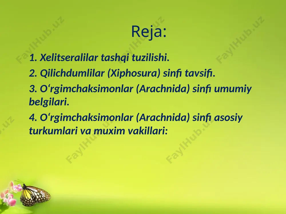 ) 2. oldingi qorincha (mezosoma) 3. keyingi qorincha (metosoma) umuman хeletseralilar - eng qadimgi poleozoy erasida rivojlangan va yuz million yillar davomida nihoyatda xilma-xil yashash muhitida hayot kechirishga muvofiqlashgan hayvonlar bo‘lganligidan adaptatsion evolyutsiya natijasida bir-biridan katta farq qiladigan guruhlar (sinflar, turkumlar) ga bo‘lingan. lekin buni bir qancha avlodlari suvga yashash hususiyatini saqlab qolgan xelitseralilar kenja tipi 3 ta sinfga bo’linadi. 3. dengiz o’rgimchagi (pantopoda)sinfi. 1. xanjardumlilar (xiphosura ) sinfi. 2. o’rgimchaksimonlar (arachnida) sinfi. qilichdumlilar (xiphosura) sinfi tavsifi qilichdumlilar (xiphosura ) sinfi - vakillari hozirgi zamondagi eng yirik xelitseralilardir. ularning kattaligi 75 sm gacha bo’ladi. xanjardumlilar yer yuzida silur davridan buyon yashab kelib, ularni aksaryat turlilari qirilib ketgan. tipik dengiz hayvonlaridir. hozirgi zamon faunasida 4 ta turi uchraydi. bitta turi atlantika okeanining shimoliy amerikaning sohillarida, 3 ta turi osiyo, koreya,yaponiya va filippin, indoneziya qirg’oqlarida tarqalgan. boshko’krak qismi tuzilishi ot taqasi shakliga o’xshaydi. xanjardumlilar sohilga chiqib 1000 tagacha tuxum qoyib ko’payadi. tuxum …