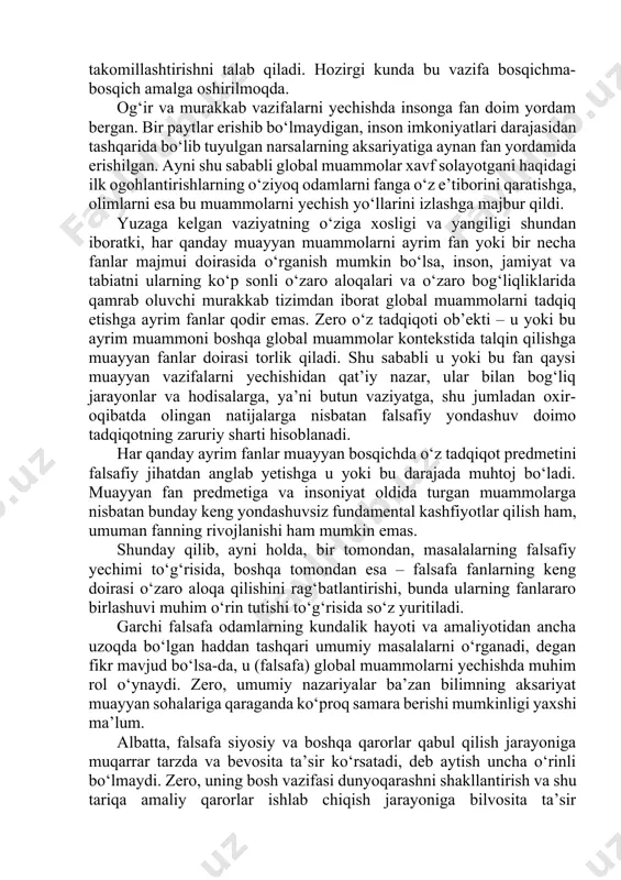 rivojlanayotgan mamlakatlarga va rivojlangan mamlakatlarga o‘z ta’sirini ko‘rsatdi. insonning atrof muhitga salbiy ta’siri aynan rivojlangan mamlakatlarda, asosan bu yerda jadal sur’atlarda va stixiyali tarzda rivojlangan iqtisodiyot bilan bog‘liq sabablarga ko‘ra oldinroq va bo‘rtibroq namoyon bo‘ldi. shu ma’noda 2008 yilda boshlanib, butun dunyoni larzaga solgan jahon moliyaviy-iqtisodiy inqirozi nafaqat rivojlangan sanoat mamlakatlari, balki rivojlanayotgan, ayniqsa bozor munosabatlari qaror topayotgan davlatlarda ham o‘z salbiy oqibatini o‘tkazmasdan qolmadi. ayni paytda global moliyaviy inqiroz jahon moliya bank tizimida jiddiy nuqsonlar mavjudligi va uni tubdan isloh qilishning zarurligini ko‘rsatib berdi. ushbu moliyaviy-iqtisodiy inqirozning har qanday davlatdagi miqyosi, ko‘lami va oqibatlari ko‘p jihatdan bir qator omillarga, xususan, mamlakat moliya valyuta tizimi nechog‘lik mustahkam ekanligi, milliy kredit institutlarining qay darajada kapitallashuvi va likvidligi, oltin valyuta zahirasining hajmi, xorijiy kreditlarni qaytarish qobiliyati, shuningdek, iqtisodiyotning barqarorlik, diversifikatsiya va raqobatbardoshlik darajasi bilan bog‘liq. darhaqiqat, i.a.karimov aytganlaridek ”mamlakatimizda jahon iqtisodiy inqirozining salbiy oqibatlarini bartaraf etish bo‘yicha 2009-2010 yillarga mo‘ljallab qabul qilingan …