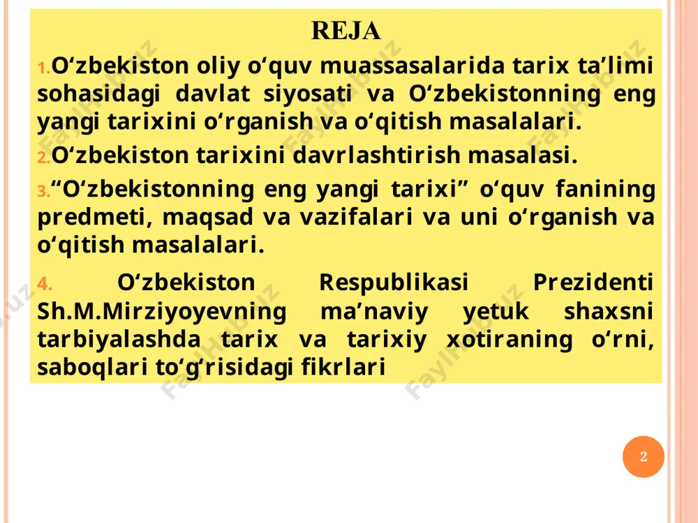 ing eng yangi tarixi ilmiy bilimlar va o'quv sohasi sifatida bir qator muhim vazifalarni bajaradi boshqa fanlar bilan aloqadorligi o’zbekistonning eng yangi tarixini o’rganushning nazariy-metodologik asoslarni o'zbekistonning eng yangi tarixini o'qitishning metod va yo’nalishlari tarixiylik prinsipiga ko'ra, tarixiy voqealar va jarayonlar ushbu voqealar va jarayonlar qanday paydo bo'lganligi, qanday rivojlanganligi va ular nimaga olib kelganligi nuqtai nazaridan qat'iy aniq tarixiy kontekstda ko'rib chiqilishi kerak. tarixiyizmning uslubiy prinsip sifatida talabi davrda paydo bo'ladi va rivojlanadi. o'rta asrlar teleologizmiga qarshi bo'lgan ma'rifat (viko, volter, russo, diderot), keyin nemis klassik falsafasida (hegel, marks), hayot falsafasida (diltey) va falsafiy va tarixiy fikrning boshqa sohalarida. zamonaviy talqinda tarixshunoslik prinsipi tarixshunoslik va jurnalistikada juda kamdan-kam uchraydigan hodisaga qarshi qaratilgan, bunda mualliflar dunyoqarash g'oyalarini, xulq-atvor stereotiplarini va o'z davrlarining axloqiy me'yorlarini tarixdagi voqealarni baholashda, unutish yoki ataylab e'tiborsiz qoldirishda qo'llashadi. o’zbekistonning eng yangi tarixining asosiy tamoyillari o’zbekiston respublikasi prezidenti shavkat mirziyoyevning 2018-yil 28-dekabrda oliy majlisga murojaatnomasida ta’kidlab …