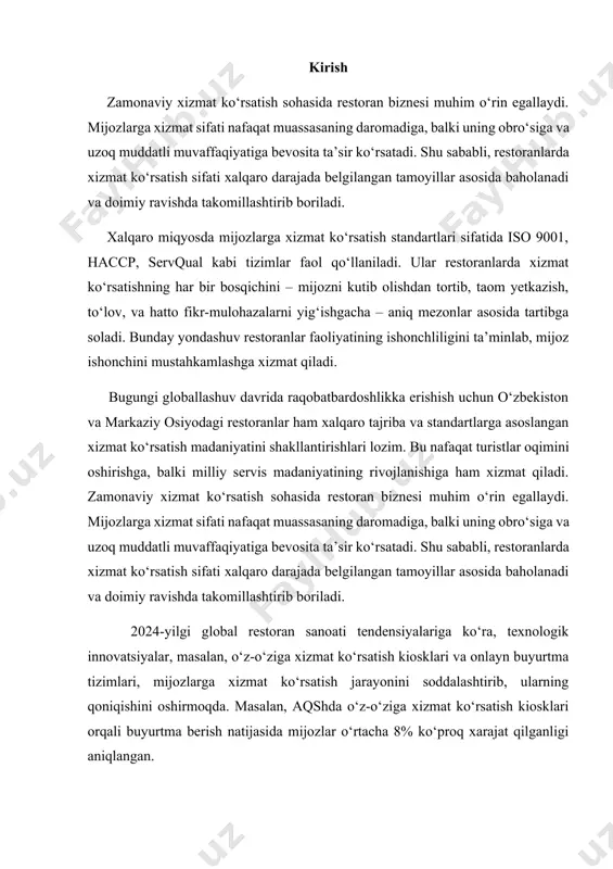 oshirmoqda. masalan, aqshda o‘z-o‘ziga xizmat ko‘rsatish kiosklari orqali buyurtma berish natijasida mijozlar o‘rtacha 8% ko‘proq xarajat qilganligi aniqlangan. bundan tashqari, sun’iy intellekt (ai) texnologiyalari restoranlarda buyurtma qabul qilish, menyu tavsiyalari berish va mijozlar bilan muloqot qilish jarayonlarini avtomatlashtirib, xizmat ko‘rsatish sifatini yanada oshirmoqda. masalan, ba’zi restoranlar ai yordamida mijozlarga shaxsiylashtirilgan menyu tavsiyalari berish orqali ularning tajribasini yaxshilamoqda. 1.xalqaro xizmat ko’rsatish standartlari mijozlarga xizmat ko’rsatish – bu restoran faoliyatining markazida turgan eng muhim jaraonlardan biri. u nafaqat taom yetkazib berish bilan , balki mijozlarga ko’rsatiladigan umumuiy munosabat ,ehtiyojlarni tushunish va ularni to’liq qondirish bilan chambarchas bog’liq. bugungi kunda xizmat ko’rsatish sifati mijozlarga qaroriga kata ta’sir ko’rsatadi. mijoz biror restoranga qaytadimi yo’qmi bu ko’p jihatdan qanday xizmat ko’rsatilganiga bog’liq bo’ladi. *e’tibor va samimiyat: xizmat ko’rsatishning ilk bosqichi mijoz bilan tog’ri va samimiy muloqotni tashkil qilishdir.xodim mijozga salomlashish, tabassum bilan qarshi olish, o’tirishiga yordam berish orqali iliq tassurot uyg’otishi kerak. *tezkorlik va aniqlik:mijozlar, …