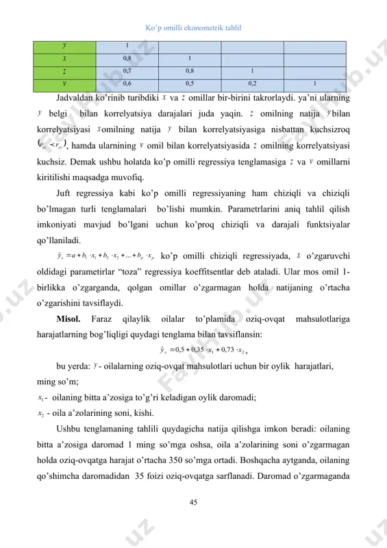 anadi. daromad o’zgarmaganda oila a’zolarning sonini ko’payishi oziq-ovqatga harajatni qo’shimcha 730 so’mga o’sishiga olib keladi. istemol masalalarini o’rganganda regressiya koeffitsentlari iste’molga moillik limitini tavsiflovchi ko’rsatkich deb qaraladi (ya’ni qancha miqdorda iste’mol bo’lishi mumkinligini ko’rsatadi). masalan, iste’mol funktsiyasi quydagi ko’rinishga ega bo’lsin: , u holda davrdagi iste’mol o’sha davrdagi daromadga va undan oldingi davrdagi daromadga bog’liq bo’ladi. mos ravishda koeffitsent daromadning bir birlikka o’zgarishi effektini tavsiflaydi. odatda koeffitsient qisqa davrdagi istemolga bo’ladigan talabga moyillik deyiladi. joriy va avvalgi daromadlarning o’sishining umumiy samarasi iste’molni ga ko’payishidan iborat bo’ladi. bu erda koeffitsient iste’molga uzoq muddatli moillik deb qaraladi. va bo’lgani uchun ite’molga uzoq muddatli moillik qisqa muddatlidan katta bo’ladi. masalan, 1905-1951 yillari iqtisodchi m. fridman aqsh uchun quyidagi iste’mol funktsiyasini tuzgan: , bu funktsiyada iste’molga qisqa muddatli moyillik 0,58ga teng bo’lsa, iste’molga uzoq muddatli moyillik 0,9ni tashkil etgan. iste’mol funktsiyasi avvalgi davrlarda odatlangan iste’molga bog’liq holda ham qaralishi mumkin, ya’ni iste’molni avvalgi darajasi …