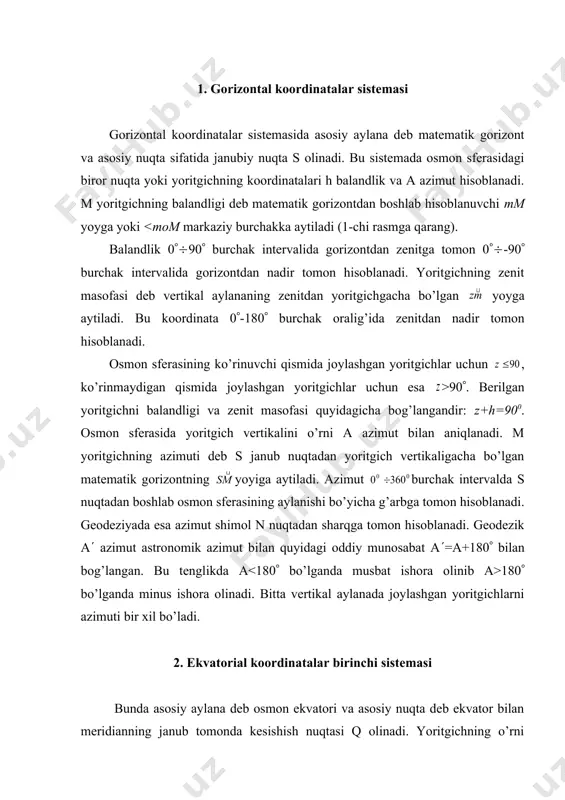 60m - 15° (m - minut belgisi) 4m = 1° 1s =15(( (s - sekund belgisi) bitta og’ish aylanasida joylashgan yoritgichlarni soat burchaklari, bir xil bo’ladi. 3. ekvatorial koordinatalarning ikkinchi sistemasi ba’zi astronomik kuzatishlarda yoritgichning har ikkala koordinatasi o’zgarmaydigan sistemadan foydalanishga to’g’ri keladi. buning uchun i chi ekvatorial koordinatalar siyetemasida t o’rniga ekvatorda hisoblanadigan va sutkali harakatda ishtirok etadigan ikkinchi koordinata yulduzlarning to’g’ri chiqishi α qabul qilinadi. quyosh osmon sferasida yillik ko’rinma harakat yo’li ekliptika katta aylana bo’lib, ekvator bilan 23(27( burchak tashkil qiladi (5 rasm). ekliptika bilan ekvator γ baxorgi tengkunlik va ω ko’zgi tengkunlik nuqtalarida kesishadi. agar asosiy nuqta sifatida γ nuqta qabul qnlinsa unda yoritgichning og’ish aylanasigacha bo’lgan (om burchak ikkinchi o’zgarmas koordinata bo’ladi. (-ga yoritgichni to’g’ri chiqishi koordinatasi deyiladi. u osmon sferasining aylanishiga teskari yunalishida γ nuqtadan boshlab o’lchanadi, 0((((360( intervalda soat hisobida 0h(α(24h intervalda o’zgaradi. geografiya xapitalari φ va λ koordinatalar asosida chizilgan singari, yulduzlarning …