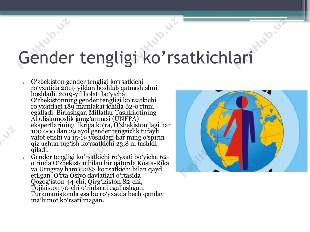sh uchun zarur sharoitlarni yaratishni ham o‘z ichiga oladi. mazmun-mohiyati quyidagilardan iborat: 1. ta’limda tenglik: ayollar va erkaklarning ta’lim olish imkoniyatlarini teng ta’minlash. har bir jins uchun barcha darajadagi o‘quv dasturlariga kirish huquqini kafolatlash. 2. mehnat bozorida teng imkoniyatlar: erkaklar va ayollar uchun bir xil sharoitda ishga kirish va bir xil maosh olish kafolatini yaratish. ish joyida jinsiy kamsitishni bartaraf etish va xodimlarning manfaatlarini himoya qilish. 3. oilaviy hayotdagi teng huquqlar: oila ichida majburiyatlar va javobgarliklarni teng taqsimlash. bolalarning parvarishi va tarbiyasida ham erkak, ham ayolning teng ishtirokini ta'minlash. 4. ijtimoiy va siyosiy hayotda ishtirok etish: ayollarning siyosiy lavozimlarga saylanish va tayinlanish imkoniyatlarini kengaytirish. jamiyat hayotining barcha sohalarida har ikki jinsning birdek ishtirok etishini ta'minlash. 5. madaniy va huquqiy imkoniyatlar: gender asosida kamsitishni taqiqlovchi qonun va qoidalarni ishlab chiqish va amalga oshirish. ayollar va erkaklar uchun teng huquqiy himoyani kafolatlash. gender tenglik bo‘yicha imkoniyatlarning kafolatlari imkoniyatlarning kafolatlari davlat siyosati va …