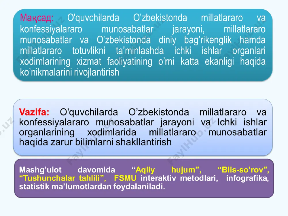 уюшмаларнинг фаолияти бўйича дунё мамлакатлари билан ўзаро тенг ҳуқуқли миллатлараро муносабатларини жадаллаштириш керак. “aqliy hujum” islom xristianlik buddizm xilma-xil diniy e’tiqodlar mavjud bo’lgan jamiyatni, turli xalqlar va millatlarning yagona vatanda hamjihat bo’lib yashashini bildiruvchi tushunchadir barcha dinlarning ezgulik g’oyalariga asoslanishi; e’tiqod va vijdon erkinligi; turli din va konfessiyalarning tenghuquqliligi hamda ularning bir-birlariga o’zaro hurmat bilan qarashlari; diniy-ma’naviy qadriyatlarni majburan singdirishga yo’l qo’ymaslik va b. tushunchalar tahlili konfusiy ta’limoti ezgu fikr ezgu so’z ezgu ish sobiq ittifoq davrida o’zbekistonda 89 ta masjid, 2 ta madrasa bo’lgan, hozir mamlakatimizda 2033 ta masjid, islom instituti, halqaro islom akademiyasi, 16 ta diniy konfessiyaga mansub 2 mingdan ortiq diniy tashkilotlar faoliyat yuritmoqda. o’zbekiston aholisining 88 %i islom diniga, 10%idan ziyodi boshqa dinlarga e’tiqod qiladi, 1,8 %i hyech qaysi dinga e’tiqod qilmaydi odamiylik, adolatparvarlik, haqiqatparvarlik, samimiyat diniy bag’rikenglik tamoyillarini yanada rivojlantirish va dunyoviy bilimlarni chuqur o’rganish uchun 1999 yil 7 mart kuni toshkentda markaziy osiyoda birinchi …