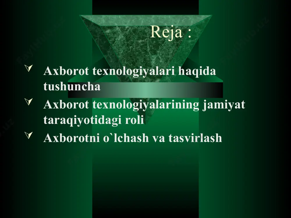 zamonaviy axborot texnologiyalarining vositasi sanaladi. zat ning asosiy tavsifi 2-jadvalda keltirilgan. zamonaviy axborot texnologiyalarining asosiy tavsifi uslubiyot asosiy belgisi natija axborotni qayta ishlashning asosiy yangi vositasi boshqaruv texnologiyasiga “joylashish” kommunikatsiyaning yangi texnologiyasi yaxlit texnologik tizimlar mutaxassislar va menejerlar vazifasining integratsiyalashuvi axborotni qayta ishlash bo`yicha yangi texnologiya maqsadga qaratilgan holda axborotni yaratish, uzatish, saqlash va aks ettirish ijtimoiy muhit qonunchiligini hisobga olish boshqaruv qarorlar qabul qilishning yangi texnologiyasi axborot texnologiyasining asosiy elementlari. zat ning asosiy elementlari quyidagicha: ma`lum bir vaqt davomida axborotni kiritish va qayta o`zgartirish; tasvirni kiritish va unga ishlov berish; signal axboroti paydo bo`lgan yerda uni qayta ishlash; og`zaki axborotni qayta ishlash; foydalanuvchining shk bilan faol muloqoti; turli axborot tizimlarida mashinali modellashtirish; axborot almashuvining tarmoq texnologiyasi (dialog yuritish, video va telekommunikatsiya, elektron pocha, vidioteka va x.z.); taqsimlangan tarmoq tizimlarida ma`lumotlarni multiprotsessor asosida qayta ishlash; mahalliy, mintaqaviy va xalqaro tarmoqlar bo`yicha axborotni tezkor tarqatish. axborot texnologiyalari taraqqiy etishining asosiy bosqichlari …