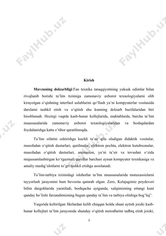 avzusidagi amaliy mashg’ulotlarni modulli o‘qitishning ilmiy-uslubiy asoslarini ishlab chiqish va amaliyotda sinab ko’rish kurs ishining vazifalari: - milliy ko‘ylak modellarini tanlash ba tavsiflash; - milliy ko‘ylakni bichish va tikish texnikasini tadqiq qilish; - hozirgi kunda ta’lim jarayoniga zamonaviy pedagogik texnologiyalarni qo‘llash zarurligi haqida mulohazalar yuritish; - «milliy ko‘ylakni tikish» mavzusidagi amaliy mashg‘ulotlar loyihasini o‘qitishning zamonaviy pedagogik texnologiyalardan kichik guruhlarda ishlashga asoslangan “modulli” ta’lim metodi asosida ishlab chiqish. kurs ishining obyekti: - bajarilgan tadqiqot ishlarini bevosita kasb ta’limi o’qituvchilarini tayyorlashda, kasb – hunar kollejlarini ta’lim – tarbiya jarayonida qo’llanishi mumkin, shuningdek bichish – tikish kurslari o’quvchilari, mustaqil o‘rganuvchilar uchun ham uslubiy ko‘rsatma sifatida foydalanishlari mumkin. kurs ishining predmeti: - “ ayollar milliy ko'ylagini modellash ” mavzusidagi amaliy mashg’ulotlar zamonaviy pedagogik texnologiyalar asosida loyihalanganligi; -amaliy mashg’ulotlarni bajarish qulay bo’lishligi uchun xotin-qizlar milliy ko’ylagini tikish ketma-ketligi texnologik xaritasi tayyorlanganligi. kurs ishining tuzilishi: kurs ishi kirish, ikkita bob (4ta paragraf), xulosa, foydalanilgan adabiyotlar va …