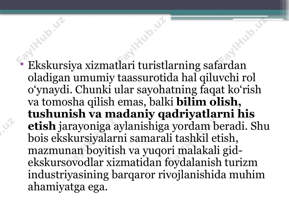 ammo yirik tarixiy obidalarga safar ko‘p vaqt talab qilishi mumkin. shu jihatdan davomiylik turistlarning ehtiyojlari va sayohat dasturiga mos ravishda belgilanadi. o‘tkazilish shakliga qarab ekskursiyalar guruhli yoki yakka tartibda tashkil qilinadi. guruhli ekskursiyalarda ko‘plab turistlar bir vaqtda qatnashib, umumiy ma’lumot olishadi, yakka ekskursiyalar esa individual yondashuv asosida turistning qiziqishlariga mos ravishda amalga oshiriladi. shuningdek, klassik an’anaviy ekskursiyalar bilan bir qatorda interaktiv ekskursiyalar ham bor bo‘lib, ularda multimedia texnologiyalari, virtual gid xizmatlari yoki interaktiv o‘yin elementlari qo‘llaniladi. auditoriyaga qarab ham ekskursiyalar turlicha bo‘ladi: maktab o‘quvchilari uchun ta’limiy-ma’rifiy yo‘nalishdagi ekskursiyalar, talaba yoshlar uchun ilmiy-tadqiqot ekskursiyalari, xorijiy sayyohlar uchun esa mamlakat madaniyati va tarixini keng yorituvchi turdagi ekskursiyalar tashkil etiladi. bundan tashqari, maxsus qiziqishlarga ega guruhlar uchun tematik ekskursiyalar (me’morchilik, arxeologiya, adabiyot, sport, gastronomiya yo‘nalishlari) ham tashkil etilishi mumkin. ekskursiya xizmatlarining asosiy xususiyatlari shundan iboratki, ular bevosita joyida o‘tkaziladi, ya’ni turist ob’ektni ko‘zi bilan ko‘rib, uni o‘z tajribasida his qiladi. ekskursiya xizmatlari doimo …