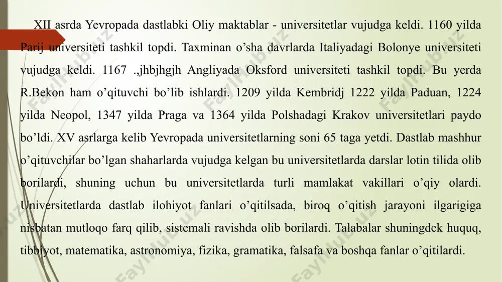 ti va qarzlari uchun chet elliklar to'g'risida. ushbu talabalar keyinchalik shahardagi diniy va cherkov maktablaridan olimlarni yollab, ularga liberal san'at, notarial huquq, dinshunoslik va ars dictaminis (yozuvlar ).[15] ma'ruzalar nomlangan norasmiy maktablarda o'qilgan skola. vaqt o'tishi bilan turli xil scholariumni universitatsiya qiladi kattaroq birlashma tuzishga qaror qildi yoki studiya- demak, universitet. the studiya ning kuchli mavqeiga ega bo'lib o'sdi jamoaviy bitim shahar bilan, chunki o'sha vaqtga qadar u chet ellik talabalarga tashrif buyurish orqali katta daromad keltirar edi, agar ular yaxshi muomala qilmasa, ketishar edi. boloniyadagi chet ellik talabalar ko'proq huquqlarga ega bo'lishdi va jamoaviy jazo bekor qilindi. 6 ana shunday sxolast-faylasuflardan biri foma akvinskiy (1225-1274) bo’lib, u o’sha davrda keng tarqalgan sxolastik tizimni yaratdi. bu tizim o’rta asrlar ideologiyasida xukmron bo’lgan o’ziga xos ensiklopediya bo’ldi. foma akvinskiy o’z asarlarida nafaqat teologik, diniy muammolarni, balki huquq, ahloq, davlat, iqtisod va tabiiy fanlar masalalarini ham yoritdi. universitet tarixiy jihatdan o'qitishi bilan …