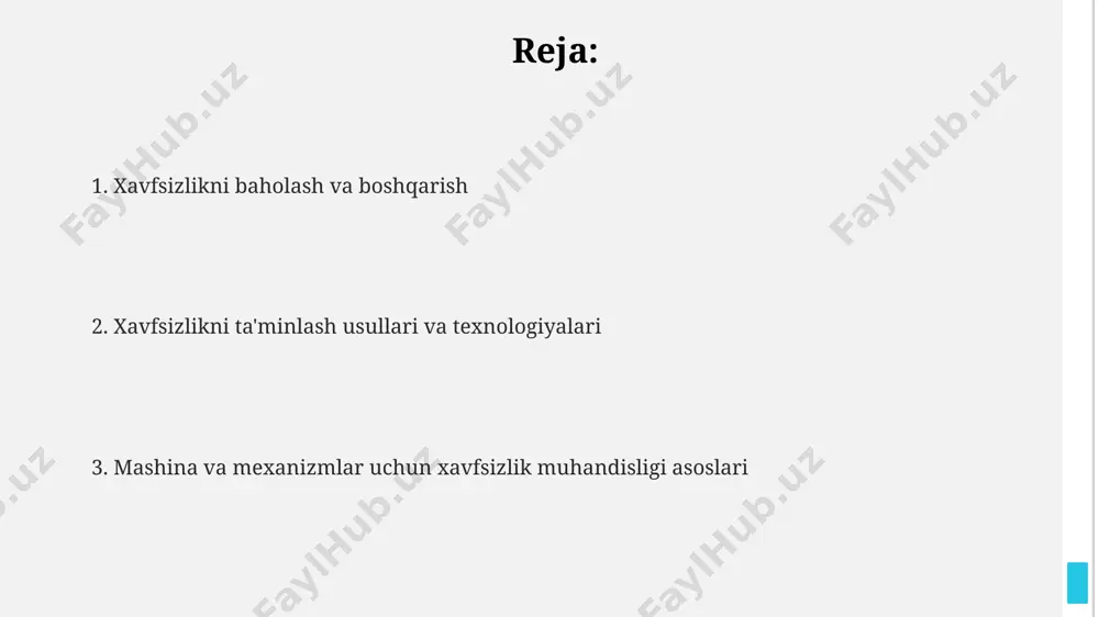 ini belgilashda iso 13849-1 va iec 62061 kabi xalqaro standartlarga tayaniladi, bu standartlar xavf darajalarini pl (performance level) yoki sil (safety integrity level) darajalari bilan belgilaydi. xatarlarni baholashda fmea (failure mode and effects analysis) yoki fta (fault tree analysis) kabi usullardan foydalaniladi, bu esa 1000 soat ish vaqti ichida taxminiy 0,1% dan kam xatolik ehtimolini aniqlashga yordam beradi. xavfsizlikni ta'minlash vositalari va uskunalari avtomatik to'xtash tizimlari va favqulodda to'xtatish tugmalari (e-stop) kabi xavfsizlik vositalari mexanizmlarning to'satdan to'xtashini ta'minlab, 0,1 soniyadan kamroq vaqt ichida xavfni bartaraf qiladi. xavfsizlikni ta'minlashning samarali vositalari orasida 2-darajali himoya tizimlari, masalan, ikki qo'lli boshqaruv tugmalari va yorug'lik to'siqlari mavjud bo'lib, ular 90% dan ortiq xavfsizlik darajasini ta'minlaydi. mexanizmlarni loyihalashda xavfsizlikni ta'minlash uchun, iso 13849-1 standartiga muvofiq, pl (performance level) darajasi kamida "d" darajasini ta'minlash zarur. xavfsizlikni boshqarish va monitoring plc (programmable logic controller) yordamida avtomatlashtirilgan xavfsizlik boshqaruvi, inson xatosining ta'sirini 25% ga kamaytiradi va ishlab chiqarish …