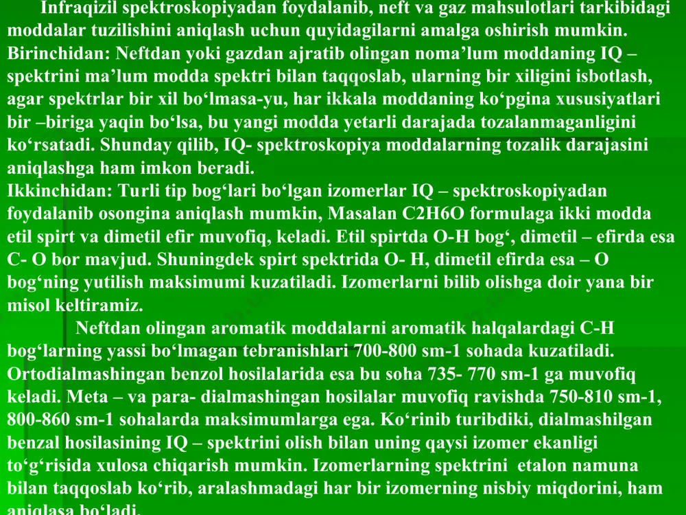 ometriya usuli bilan molekuladagi funksional guruhlar molekulaning qaysi joyida joylashganligini, ayniqsa, molekulaning tashqarisiga joylashgan yon zanjirlarni aniqlash mumkin. bu usul bilan neftdan olingan yangi birikmalarning tuzilishini aniqlashda ayniqsa ahamiyatli bо‘lib, tahlil uchun oz miqdorda (1-2 milligramm) modda sarflanadi va qisqa vaqt ichida ma’lumot olinadi. tekshirilayotgan modda gaz, suyuq qattik bо‘lishidan qatiy nazar, ular past haroratda bug‘ qolatiga о‘tkaziladi. sо‘ngra elektron oqimi bilan molekulaga kuchli zarba beriladi, natijada molekula elektron chiqarib, musbat zaryadli zarrachaga aylanadi. bu zarrachalar magnit maydoniga ta’sir etib, kollektor orqali hisobga olinadi. nazorat savollar 1. fizik-kimyoviy tahlil usullarining necha xili mavjud? 2. fotokolorimetrik tahlil usulining mohiyati nimalardan iborat u qaysi sohalarda ishlatiladi? 3. ultrabinafsha spektroskopiyada elektron о‘tishlarni tushuntiring. 4. aromatik birikmalarning tavsifiy chastotalar sohasi. 5. iq-spektroskopiyasi orqali, organik moddalar molekulalarining konfiguratsiyasi va konformatsiyasi to’g‘risida xulosa chiqaring. 6. yadro magnit rezonansi (yamr) haqida tushuncha bering. 7. neftni tuzilishini о‘rganishda yamr-spektroskopiyasi qanday ahamiyatga ega? 8. mass-spektrometriya tahlil qilish usulini vazifasi …