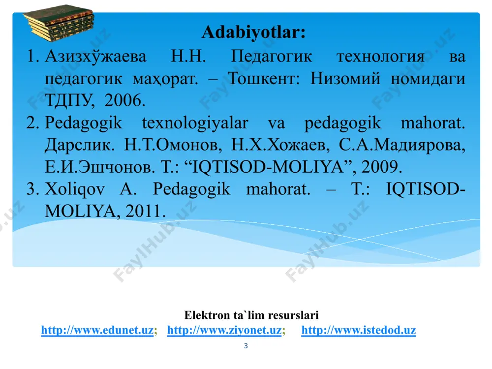 vchining o’z kasbiga munosabati, burchi alohida tahlil etilishi mumkin.o’qituvchilik kasbi kishiga ma‘lum talablarni qo’yadi, lekin muallim bu talablarni qanday bajarayotgani bu talablarda hali aks etmaydi o‘qituvchi axloqiy-ma’naviy qiyofasini namoyon etuvchi me’yor tuyg‘usi yoki xulq va odob qoidalariga rioya qilishi demakdir. pedagogik nazokat o‘qituvchining o‘quvchilar bilan o‘zaro munosabatini tashkil qilish vositasi. psixologik til bilan aytilganda, nazokat insonning bir qolipdagi barqaror tasavvurlarida mujassamlashgan shaxsiy insoniy hislatlarining yig‘indisidir. pedagogik nazokat – 13 o‘qituvchi deyarli har kuni o‘quvchilar bilan uchrashadi, savol-javob qiladi, ularning yaxshi xulq va ezgu ishlarini ma’qullaydi, bilimlarini baholaydi, nojo‘ya hatti-harakatlari uchun tanbeh berib, lozim bo‘lganda tarbiyaviy metodlarni qo‘llaydi. pedagogik nazokat doimiy izlanishni, ijodkorlikni talab qiladi. doimiy ijodiy izlanishda bo‘lgan o‘qituvchi tadqiqotchilik ko‘nikma va malakalariga ega bo‘ladi, ilm-fan muammolari, tarbiya etikasi va psixologiyasi yuzasidan erkin fikr yurita oladi. 14 o‘quvchilar bilan munosabatlarda pedagogik nazokatni qo‘llash natijasida: o‘qituvchi o‘quvchilarning xarakterini, ichki dunyosini yaxshi bilib oladi, o‘quvchilar bilan munosabatda do‘stona muloqot qilish imkoniyatlari paydo …