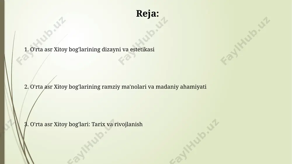 t (yog'och, olov, tuproq, metall, suv)ning muvozanati orqali yaratilgan. xitoy bog'larining muhim xususiyati – landshaftning miniatyurasi, ya'ni 3 gektar maydonga butun tabiat manzarasini, tog'lar, daryolar, o'rmonlar kabi elementlarni joylashtirish san'ati. suv elementlari va ularning ahamiyati хитой ўрта аср боғларида сувнинг 3 хил асосий шакли – кўл, дўнглик ва шолчалар – мавжуд бўлиб, улар табиий ландшафтни яратишда муҳим роль ўйнаган. сув элементларининг ўрнини таъкидлаш учун 5-7 турдаги ўсимлик, тош ва архитектура элементлари билан мувозанатли композиция яратилган. landshaft dizayni va arxitekturasi хитой ўрта аср боғларининг манзарали дизайнида сув элементлари, хусусан, сунъий кўллар ва жарликка ўрнатилган сув оқимлари катта аҳамиятга эга бўлиб, уларнинг 30 фоизидан ортиғини ташкил этади. архитектурада симметрия ва мувозанатга эътибор қаратилган бўлиб, павильонлар, кўприклар ва тошларнинг жойлашуви геометрик намуналар ва "философиявий" рақамларга асосланади. pavilonlar va boshqa binolar ko'pgina xitoy o'rta asr bog'larida 3 dan 10 gacha turli xil funksiyali pavilonlar, shu jumladan choy ichish uchun mo'ljallangan "cha lou" va dam …