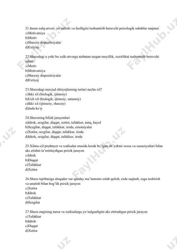 ikni aks ettiradigan tafakkur shakli a)xukm b)tushuncha c)xulosa d)fikr 37.fikr, xukm, tushunchalar o’rtasidagi bog’lanish asosida yangi bir fikrni keltirib chiqarish a)xulosa b)tushuncha c)xukm d)fikr 38.tafakkur operatsiyasining shunday turiki, bunda fikran narsa va xodisalarga xos bo’lgan sifat va xususiyatlarni tahlil qilish amalga oshadi a)analiz b)sintez c)mavhumlashtirish; umumlashtirish d)taqqoslash 39.tafakkur operatsiyasining shunday turiki, bunda analiz jarayonida ajratilgan qismlarni yana fikran birlashtirish amalga oshadi a)sintez b)analiz c)mavhumlashtirish d)taqqoslash umumlashtirish 40.tafakkur operatsiyasining shunday turiki, bunda alohida biror xususiyatni ajratib, boshqalaridan fikrni chalg’itish amalga oshadi a)mavhumlashtirish b)sintez c)analiz d)taqqoslash; umumlashtirish