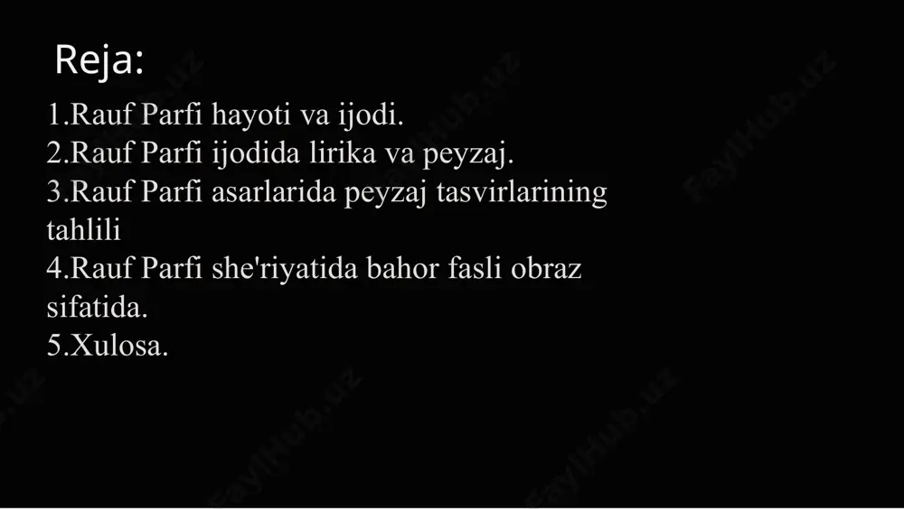 oslaydi. yil fasllarining she’riyatdagi talqini peyzaj lirikasiga oid oid bo‘lib, shoir ijodida har to’rt mavsumga xos tabiat manzarasining poetik tasvirini uchratish mumkin. rauf parfi ijodida qish tasviri berilgan she’rlar salmoqli o‘rinni egallaydi va o‘ziga xos ramziy mazmun tashiydi. shoirning “eslaysanmi, izg‘irin kecha” nomli she’ri bu borada ahamiyatli eslaysanmi, izg‘irin kecha // darchaga qor urar besabr. yiroq o‘ylar edi ketgancha, // yiroq o‘ylar edi bir og‘ir[1]. muhabbat mavzusiga bag‘ishlangan bu she’rda qish izg‘irini lirik qahramon iztiroblariga uyg‘un ifoda etilgan. yiroq o‘ylar edi ketgancha, // sen nelarni o‘ylarding yana, izsiz edi o‘sha tun ko‘cha, // kimsasizday biz turgan xona. keyingi bandda lirik qahramon ruhiyatidagi mahzunlik ishq kechinmalari bilan bog‘liqlikda ochib beriladi. xususan, oshiqning qalbi erimagan qorga qiyoslanadi. bunda qishdagi sovuq havo bilan lirik qahramon tuyg‘ulari parallel qo‘yiladi. yiroq o‘ylar edi bir og‘ir, // qarg‘ar edi balki sukunat, erimagan qor kabi bag‘ir, // buni hozir angladik faqat. so‘nggi bandda xulosaviy fikr mavjud: izg‘irin …