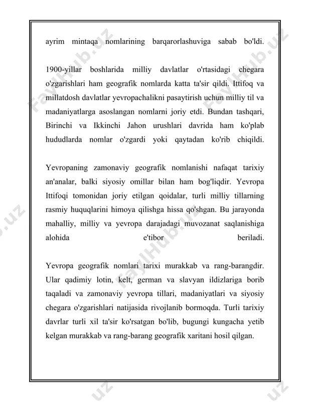 bo‘lgan bu ko‘l, hozirgi vaqtda sezilarli darajada kichiklashgan. bugungi kunda orol dengizi ikki asosiy qismga bo‘linadi: shimoliy va janubiy orol. - aral ko‘li: galogeniya davrida hosil bo‘lgan tuz ko‘li bo‘lib, o'sha vaqtdagi aral ko‘lidan qoldiq, va uning qismi. - oqsoqol ko‘li: qozog‘iston va qirg‘iziston chegarasida joylashgan katta shorin ko‘l bo‘lib, sirdaryodan suv oladi. - tuzko‘l: o‘zbekistonning eng yirik tuz ko‘llaridan biri bo‘lib, uran va boshqa minerallarni ishlab chiqarish uchun ishlatiladi. - aydarko‘l: 1969 yilda amudaryodan suv to‘ldirilishi natijasida hosil bo‘lgan sun'iy suv ombori. maydoni taxminan 3000 km². - karokul: qoraqalpog‘iston avtonom respublikasi hududida joylashgan sho‘r ko‘llardan biri hisoblanadi. - toshkentdagi chorvoq suv ombori: ulkan rekratsion zona va sun'iy suv ombori bo‘lgan. maydoni taxminan 60 km². 3. umumiy ma'lumotlar: - o‘zbekiston hududida daryolar uzunligi ko‘pincha g‘arbga yoki janubga oqadi. - amudaryo va sirdaryo orol dengiziga quyadigan asosiy ikki daryo bo‘lgan va orol dengizining qurigan qismi salbiy ekologik ta'sirlarni keltirib chiqargan. - …