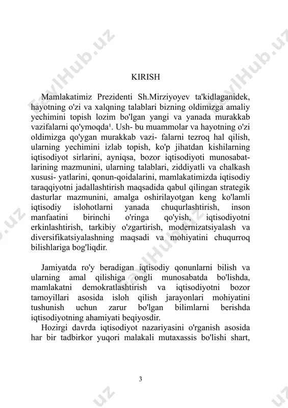 natni tenglashtirish shaklida yu- zaga chiqishi, ya'ni tovarda gavdalangan mehnatning va uning nafliligini hisobga olinishi ham ta'kidlangan. alisher navoiyning iqtisodiy masalalarga oid g'oyalari 1482-yilda yozilgan «vaqfiya» va 1500 yilda yozilgan «mahbub-ul-qulub>>> asarlarida bayon etilgan. u kishi mahsulotni uch qismga boʻlib, birinchi qismini ketgan xarajatga, ikkinchi qismini o'zining va oilasining ehtiyojlariga, uchinchi qismini esa aholining ijtimoiy manfaatlari uchun sarflashga chaqiradi. bundan tashqari, mahsulotni yaratishda mehnat- ning roliga va ishlab chiqarish vositalarining ishtirokiga alohida e'tibor beradi. shu bilan birga boylikni halol mehnat bilan topish, to'plash va foydalanish zarurligini ta'kidlaydi. 1-bob. iqtisodiyot inson hayotining poydevorini tashkil etadi 1.1. ehtiyoj bu nima? iqtisodiyot asoslarini, uning amal qilish qoida va tamoyillarini o'rganish, iqtisodiy muammolarni hal etish eng avvalo ehtiyoj tushunchasi bilan uzviy bog'liqdir. chunki, birinchidan, inson hayotiga turli ehtiyojlarning paydo boʻlishi va qondirilishi jarayoni sifatida qarash mumkin. ikkinchidan esa, iqtisodiyotning doimiy va bosh masalasi ehtiyojlarning cheksizligi va iqtisodiy resurslarning cheklanganligi orqali namoyon boʻladi. ehtiyojlar turli-tuman …