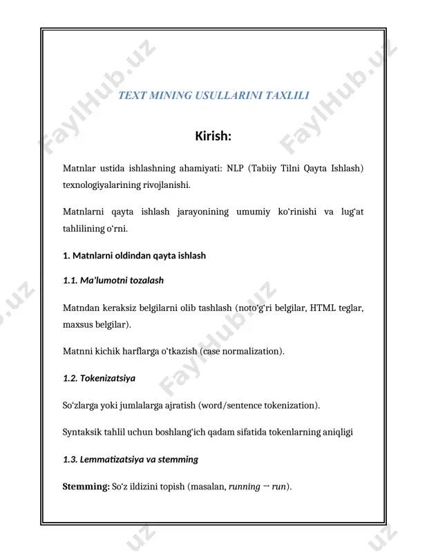 harflarni kichik harfga o'zgartirish:** ma'lumotlarni tahlil qilishda katta va kichik harfning alohida o'rni bo'lmaganda, barcha matnlarni kichik harflarga aylantirish odatiy amaliyotdir. bu qadam harflar yozilishidagi tafovutlarni bartaraf etadi va mos kelishda aniqlikni oshiradi. 2. **unwanted belgilarni olib tashlash:** matnlarda ko'pincha kerak bo'lmagan belgilar, masalan, punktuatsiya, maxsus belgilar, raqamlar yoki boshqa himoya belgilari uchrab turishi mumkin. blardan xalos bo'lish ma'lumotlar tozaligini ta'minlaydi va asosiy mantiqiy qismga e'tibor qaratishga yordam beradi. 3. **tokenizatsiya (so'zlarni ajratish):** matnni so'zlar yoki iboralarga ajratishni nazarda tutadi. bu qadam ma'lumotlarni bir nechta elemntlarga bo'lish va tahlil qilish uchun juda muhimdir. 4. **stop-slovalarni olib tashlash:** odatda tahlil uchun muhim emas deb hisoblangan umumiy so'zlar (masalan, "va", "yoki", "lekin") olib tashlanadi. ushbu qadam ma'lumotlar hajmini qisqartiradi va tahlil natijalariga ta'sir qilishi mumkin bo'lgan shovqinni kamaytiradi. 5. **stemming va lemmatizatsiya:** so'zlarni ildizlari yoki lug'aviy shakllariga aylantirish jarayonlari. stemming so'zlardan qo'shimchalarni olib tashlashdan iborat bo'lib, lemmatizatsiya esa so'zni uning lug'atdagi shakliga …