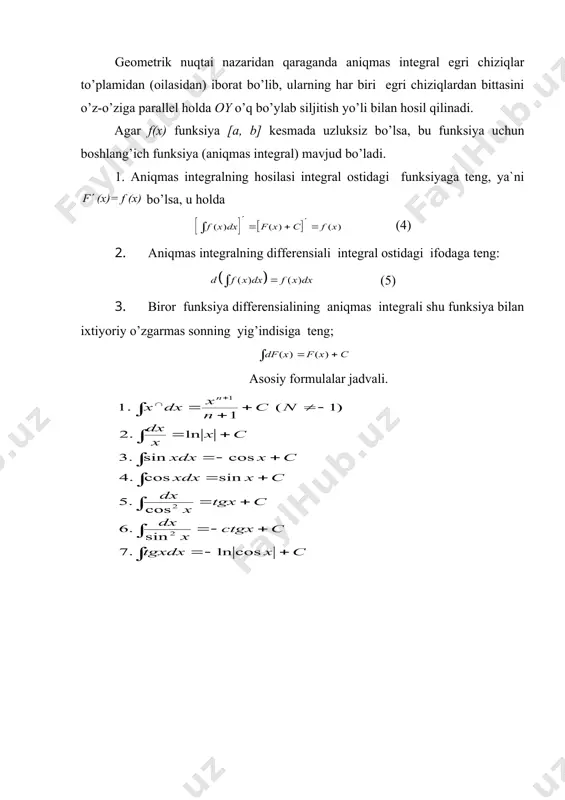 dx x f x f + = ¢ + ¢ = ¢ + + = ¢ + ò ò ò ò ò af x dx a f x dx ( ) ( ) = ò ò [ ] ( ) [ ] af x dx af x a f x dx a f x dx af x ( ) ( ), ( ) ( ) ( ) ò ò ò ¢ = ¢ = ¢ = f x dx f x c ( ) ( ) ò = + c ax f a dx ax f + = ò ) ( 1 ) ( ( ) ), ( ) ( ) ( 1 ) ) ( ( 1 ) ( 1 ) ( ) ( ax f ax f a ax f a ax f a c ax f a ax f dx ax f x = ¢ = × …