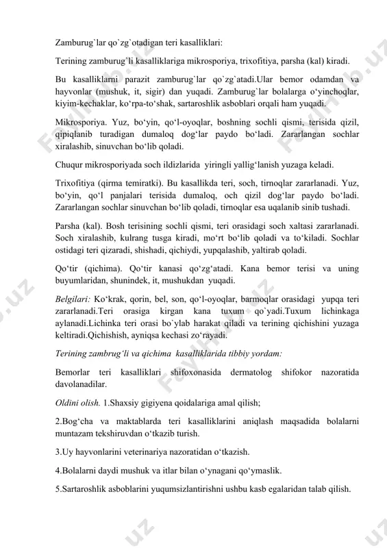 aqsadida bolalarni muntazam tekshiruvdan o‘tkazib turish. 3.uy hayvonlarini veterinariya nazoratidan o‘tkazish. 4.bolalarni daydi mushuk va itlar bilan o‘ynagani qo‘ymaslik. 5.sartaroshlik asboblarini yuqumsizlantirishni ushbu kasb egalaridan talab qilish. zaxm: sababi: zaxm (sifilis, grekcha sifilis luis) surunkali yuqumli tanosil kasalligi bo’lib, uni oqish treponemalar qo’zg’atadi. yuqish yo’llari - odamga shikastlangan teri va shilliq qavatlar orqali tushadi. u bemor qonida, terisidagi yarada, limfa tugunlarida, orqa miya suyuqligida, so’lagida nerv to’qimalarida va umuman hamma a’zolarida, hatto zaxm bilan og’rigan ayol sutida yoki erkakning shaxvati (sperma)da ham bo’ladi. zaxm bilan og’rigan bemor kasallikning aktiv davrida atrofdagilar uchun g’oyat yuqumli hisoblanadi. bemor «zaxm»ni jinsiy aloqa paytida va sog’lom kishiga o’pishganda yoki idish tovoqlar, boshqa predmetlardan foydalanilganda yuqtiradi. so’nggi yillarda kasallikning ko’pincha jinsiy aloqa paytida, qon quygan vaqtida o’tishi ko’proq kuzatilmoqda. belgilari: zaxmning inkubatsion (yashirin) davri rangpar treponemalar organizmga tushganidan to qattiq yara shakllanguncha bo‘lgan davrni o‘z ichiga oladi. bu davr o‘rta hisobda bir oyni tashkil etadi. …