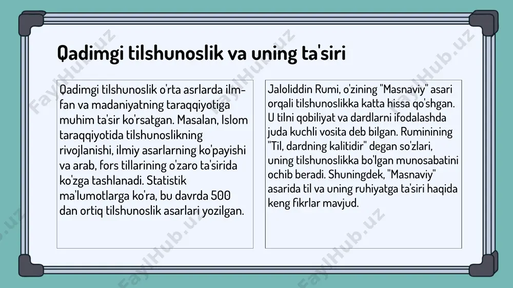 ga ega. bu soha, nafaqat ilmiy tadqiqotlar, balki madaniyat va tarixiy jarayonlar bilan chambarchas bog'liqdir. o'zbekiston mustaqillikka erishganidan so'ng, tilshunoslik sohasida ko'plab yutuqlarga erishildi, yangi yo'nalishlar paydo bo'ldi va o'zbek tilshunosligi yangi bosqichga o'tdi. kelajakda tilshunoslik sohasida yanada chuqurroq tadqiqotlar olib borish va xalqaro hamkorlikni kuchaytirish zarur. o'zbek tilshunosligini rivojlantirish uchun yangi dasturlar va tashabbuslar ishlab chiqish, shuningdek, xalqaro miqyosda o'zbek tilining o'rnini mustahkamlashga e'tibor qaratish kerak. o'rta osiyo tilshunosligining kelajagi uchun barcha sohalarda birgalikda ishlash muhimdir. innovatsion yondashuvlar va yangi g'oyalar orqali jamiyatni rivojlantirishga hissa qo'shish, yosh tadqiqotchilarni qo'llab-quvvatlash va zamonaviy metodologiyalarni o'rgatish orqali tilshunoslikni rivojlantirish mumkin. e'tiboringiz uchun rahmat! image1.png image2.png image3.png image4.png image5.png image6.png image7.png image8.png image9.png image10.png image11.png image18.png image19.png image20.png image21.png image22.png image23.png