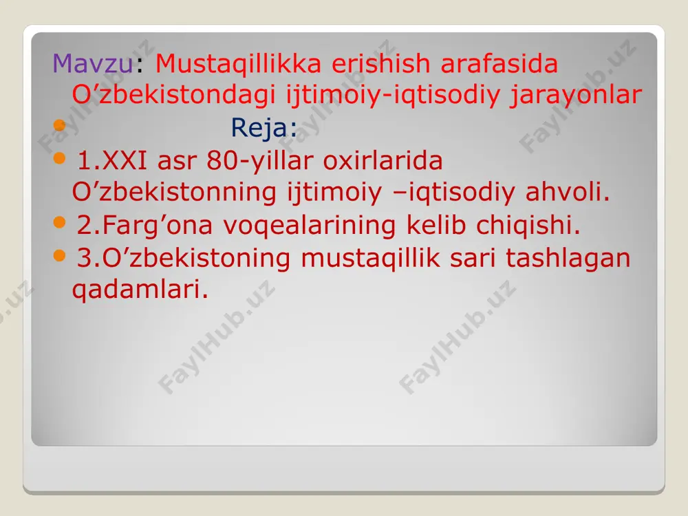 a jamiyatda tub iqtisodiy taraqqiyotni jadallashtirish va uning asnosida inson omilini faollashtirish edi. qayta qurishning dastlabki davrlarida asosiy e’tibor iqtisodiyotni rivojlantirishga qaratildi. 1986 yilda qayta qurish va ijtimoiy munosabatlarga alohida e’tibor berildi. 1986 yildan mamlakat iqtisodiy ahvoli yomonlashdi, 1987 yil yanvaridan ishlab chiqarish sur’atlari keskin pasaydi. markaz o’z ta’sirini kuchaytirish maqsadida o’zbekistonda "o’zbek ishi», «paxta ishi» kabi uydirmalarni o’ylab topdi qayta qurishning 2-bosqichi (1987-1990 yillar) jamiyating barcha jabhalarini kompleks tarzda isloh qilishga harakatlar bo’ldi asosiy maqsad sovet jamiyatini to’liq demokratlashtirish deb aytildi sssrda saylov tizimini o’zgartirshi to’g’risidagi qonun (1988 yil dekabri) qabul qilindi 80-yillar 2-yarmida iqtisodiy inqiroz boshlandi qayta qurishning 3-yilida bu siyosat to’liq mag’lub bo’ldi 1984-1990 yillarda 30-50-yillarida sodir bo’lgan qatag’onlardan kam bo’lmagan bedodliklar yuz berdi qayta qurish siyosati ham sssr davlatini muqarrar inqirozdan qutqarib qola olmadi. davlatda inqiroz boshlandi. ittifoqdosh respublikalarda milliy o’zlikni anglash va mustaqillik sari dadil qadamlar qo’yildi 1985-1991 yillar o’zbeklarning ruhiyatida jiddiy siljishlar, miliy ong, …