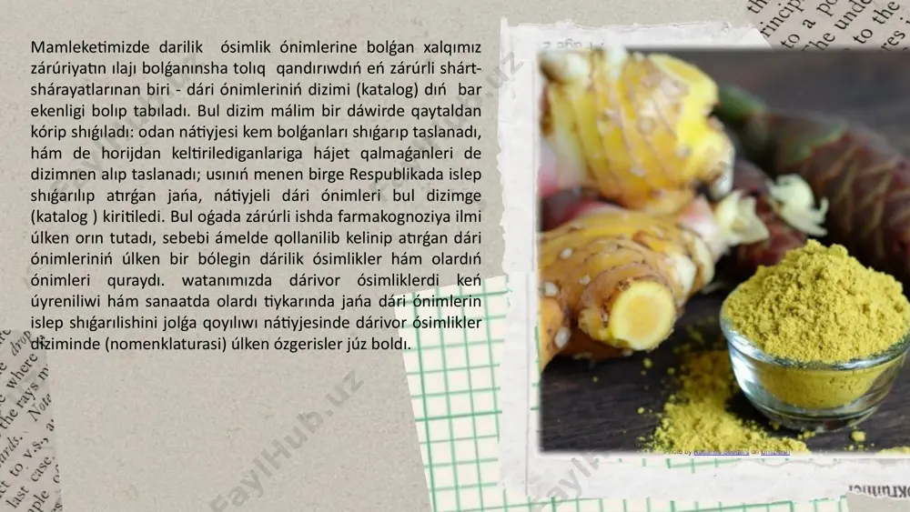 horijdan keltirilediganlari talay kemeydi (strofant, kúshala hám basqalar); 200 den artıq jergilikli (jabayı hám mádeniylestirilgen) ósimlikler dizimnen jay alǵan. biraq olar dárivor ósimlikler menen támiyinley alınıwı múmkin bolǵan úlken múmkinshiliktiń bir bóleginigine quraydı. photo by anjali mehta on unsplash házirgi zamandegi dárilik ósimlikler ilmini rawajlanıw basqıshındaǵı zárúrli wazıypalardan biri, alıp barılıp atırǵan ilimiy-izertlew jumısların eń kerekli, nátiyjeli dári ónimlerin jaratılıwma tartıwdan ibarat.dárińol ósimlikler hám olardan dári ónimlerin jaratıw boyınsha alıp barılıp atırǵan izertlewler bir qansha usıllarǵa bólinedi. jańa perspektivalı dárilik ósimliklerdi ızlep tabıw usılları 1. xalıq shıpakerlik kásibiinde qollanılatuǵın ósimlikler ishinen keleshegi perspektivalı dárilik ósimliklerdi ızlep tabıw. hámmege ekenin aytıw kerek xalıq shıpakerlik kásibii (xalıq hám dástúriy medicina) dıń tiykarǵı darilik quralların dárilik ósimlikler quraydı. zamanlardan berli ósimliklerden dárilik qural retinde paydalanıp kelgenler.sebebi olar óz átirapındaǵı tábiyaatda ózlerine zárúr bolǵan awqat, ishetin suwdı izlep tapqanları sıyaqlı, tınıshlıq bermey atırǵan keselliklerine em qıdırıwları, olardıń tábiyiy talapları bo'lgai. soniń ushın insan átirapın …