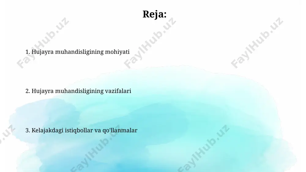 qimalar va organlarning shikastlanishlarini tiklash mumkin, bu esa bemorlarning hayotiy sifatini sezilarli darajada yaxshilaydi. hujayra muhandisligi texnologiyalari yordamida 100 millionlab hujayralarni laboratoriya sharoitida o'stirish va ularni bemorga transplantatsiya qilish mumkin, bu esa samarali davolanishni ta'minlaydi. gen terapiyasi va hujayra muhandisligi crispr-cas9 kabi gen tahrirlash texnologiyalari hujayra muhandisligining rivojlanishiga katta hissa qo'shdi va bir nechta inson klinik sinovlarida 90% dan yuqori muvaffaqiyat ko'rsatkichiga erishildi. gen terapiyasi, hujayra muhandisligi yordamida, taxminan 5000 dan ortiq irsiy kasalliklarni davolashga qaratilgan bo'lib, ularning aksariyati mutatsiyaga uchragan genlarni tuzatish yoki almashtirish orqali amalga oshiriladi. hujayra madaniyatlari texnologiyalari hujayra madaniyatlari texnologiyalari 3d bioprinterlardan foydalanish orqali murakkab to'qima konstruktsiyalarini, masalan, 1 mm dan katta bo'lgan teri yoki xaftaga o'xshash tuzilmalarni yaratishga imkon beradi. hujayra madaniyatlarida 10⁶ dan ortiq hujayralarni bir vaqtning o'zida o'stirish va tahlil qilish yuqori samarali skrining texnologiyalaridan foydalanishni talab qiladi, bu esa dori vositalarini tekshirish jarayonini tezlashtiradi. hujayra muhandisligining asosiy vazifalari hujayra muhandisligining muhim vazifalaridan …